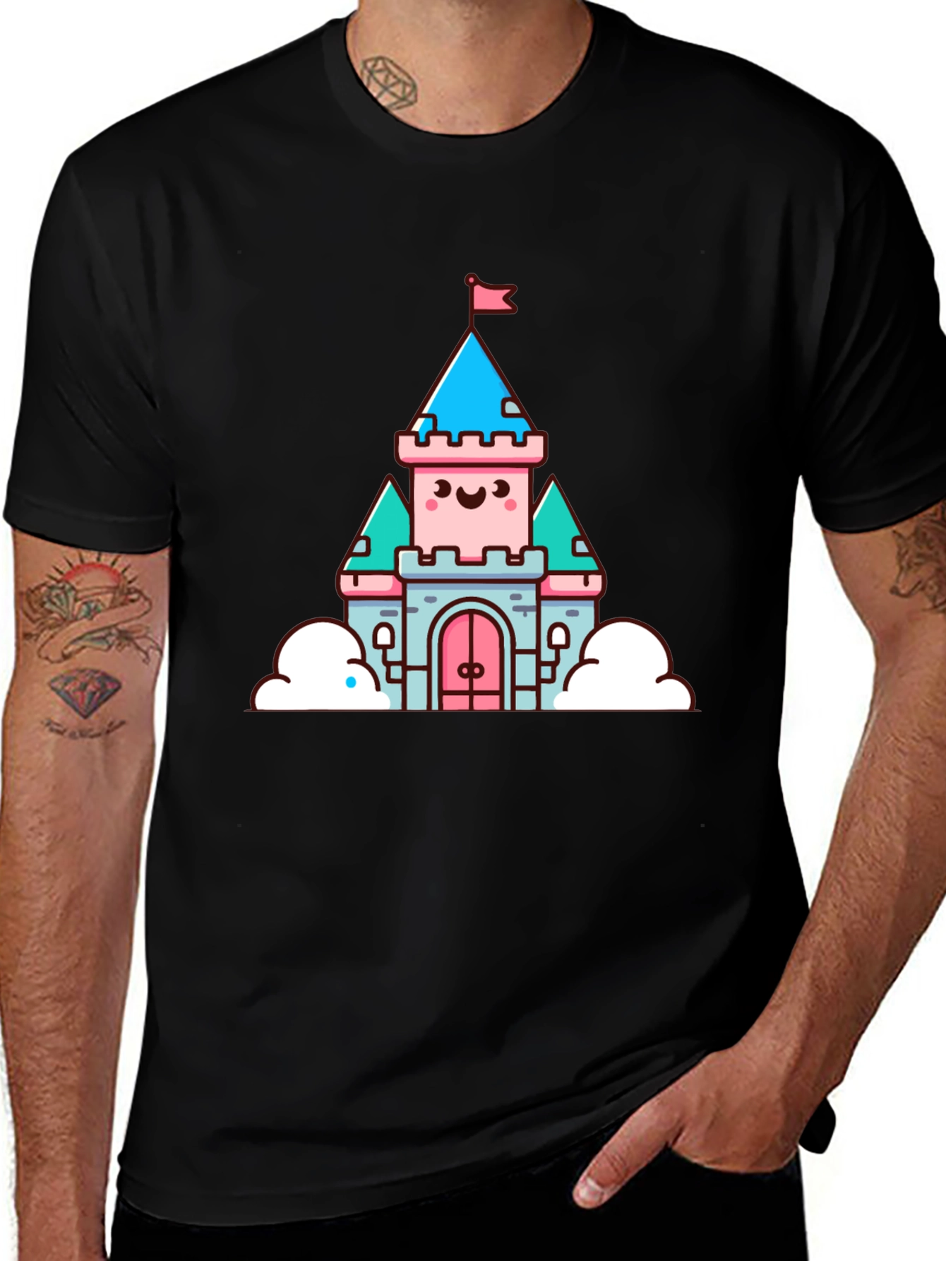 Variant 10 of Cute Cartoon Castle Graphic Tee - Black Cotton Blend Shirt