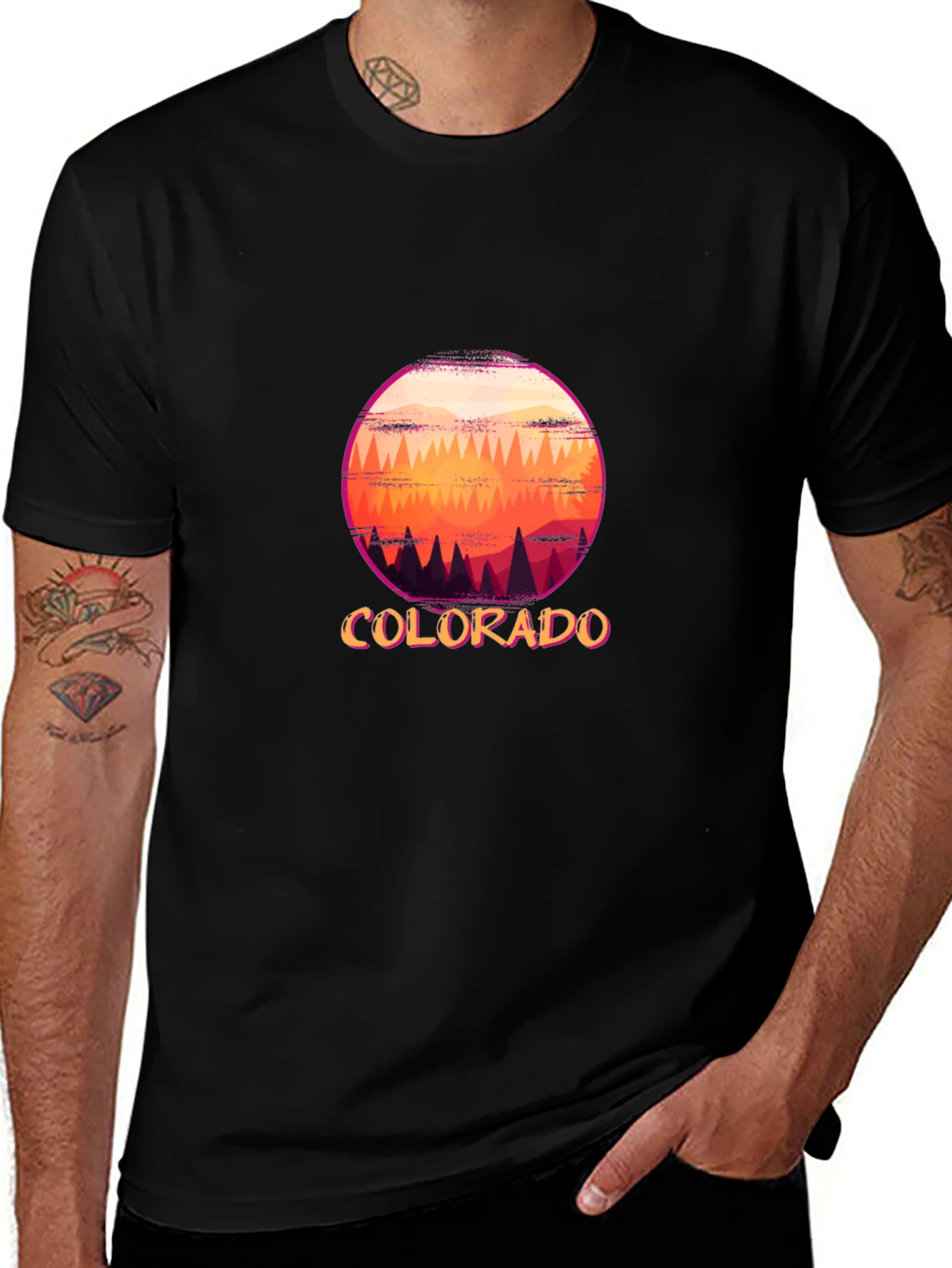 Black Colorado Scenic Graphic T-Shirt - Sunset Mountain Design main image