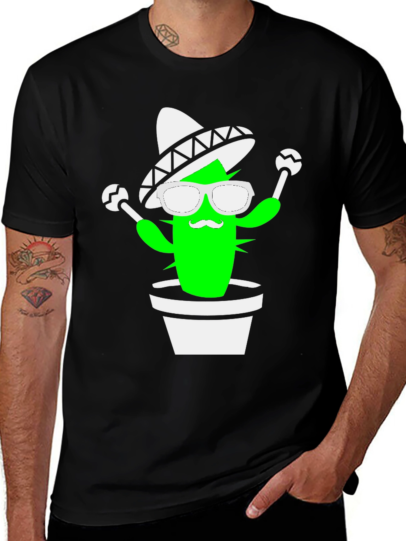 Variant 2 of Cactus Fiesta Graphic Tee - Black Cotton Shirt