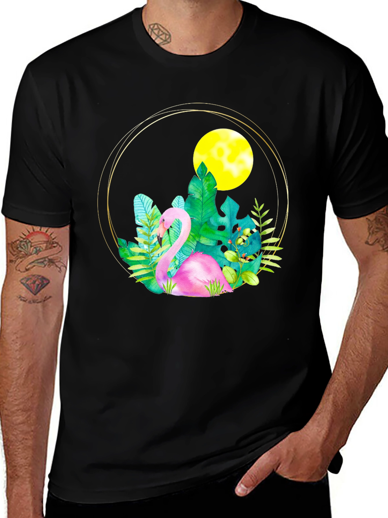 Variant 15 of Tropical Flamingo Graphic Black T-Shirt