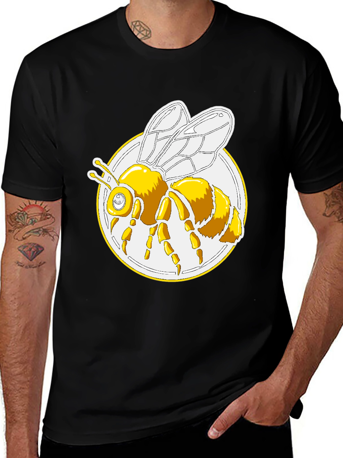 Variant 19 of Bee Graphic T-Shirt - Round Design, Black Cotton