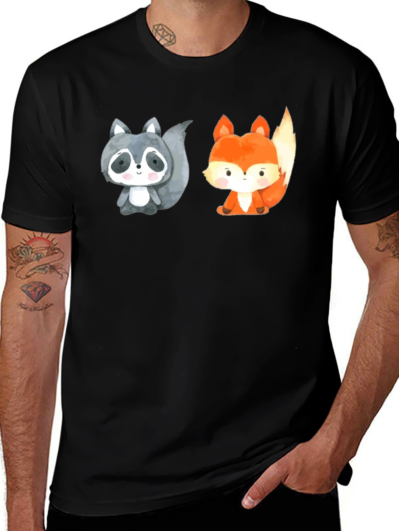 Variant 28 of Cute Cartoon Animal Tee: Raccoon & Fox Black Shirt