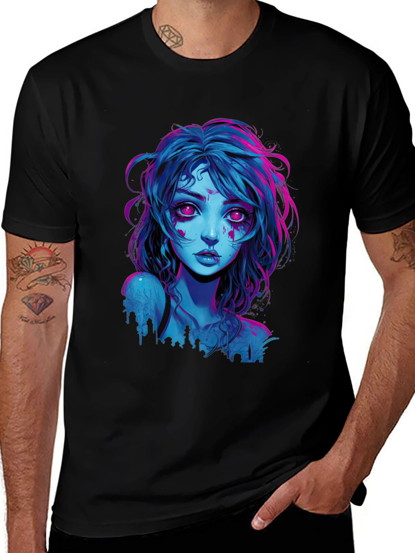 Variant 15 of Neon Cyberpunk Girl Graphic Tee - Black Cotton