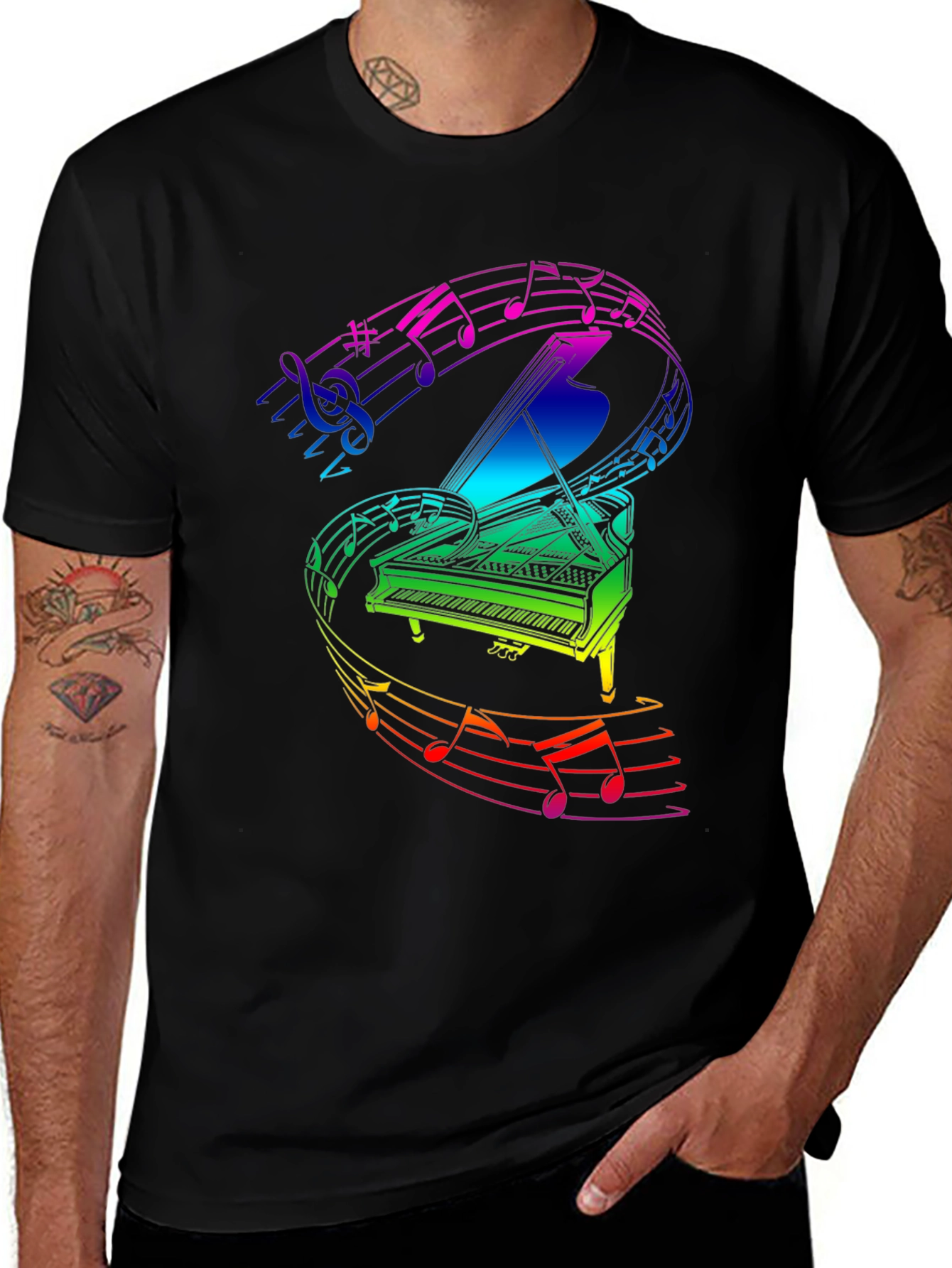 Rainbow Piano Music Notes Black T-Shirt