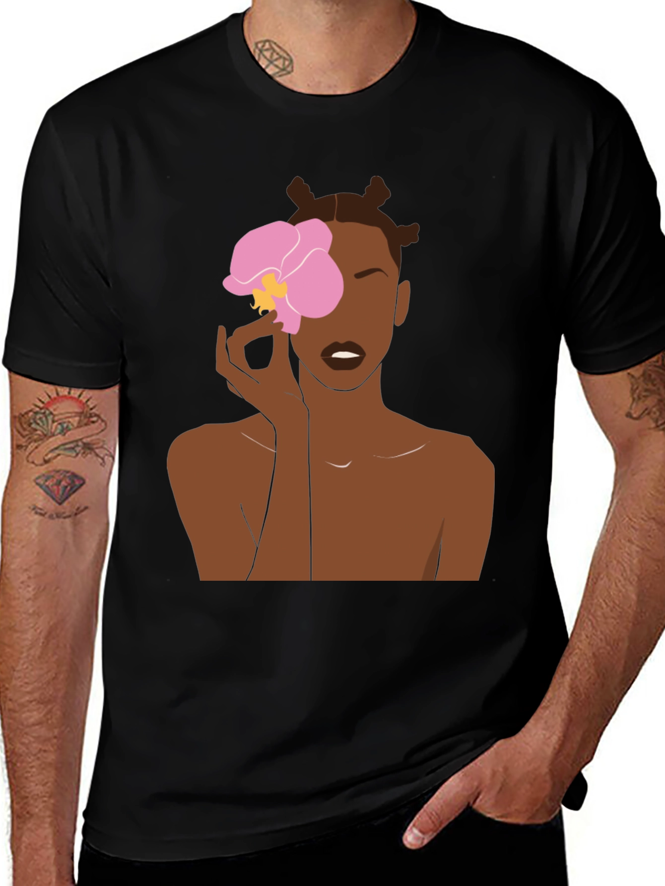 Variant 19 of Black T-Shirt with Woman and Flower Graphic