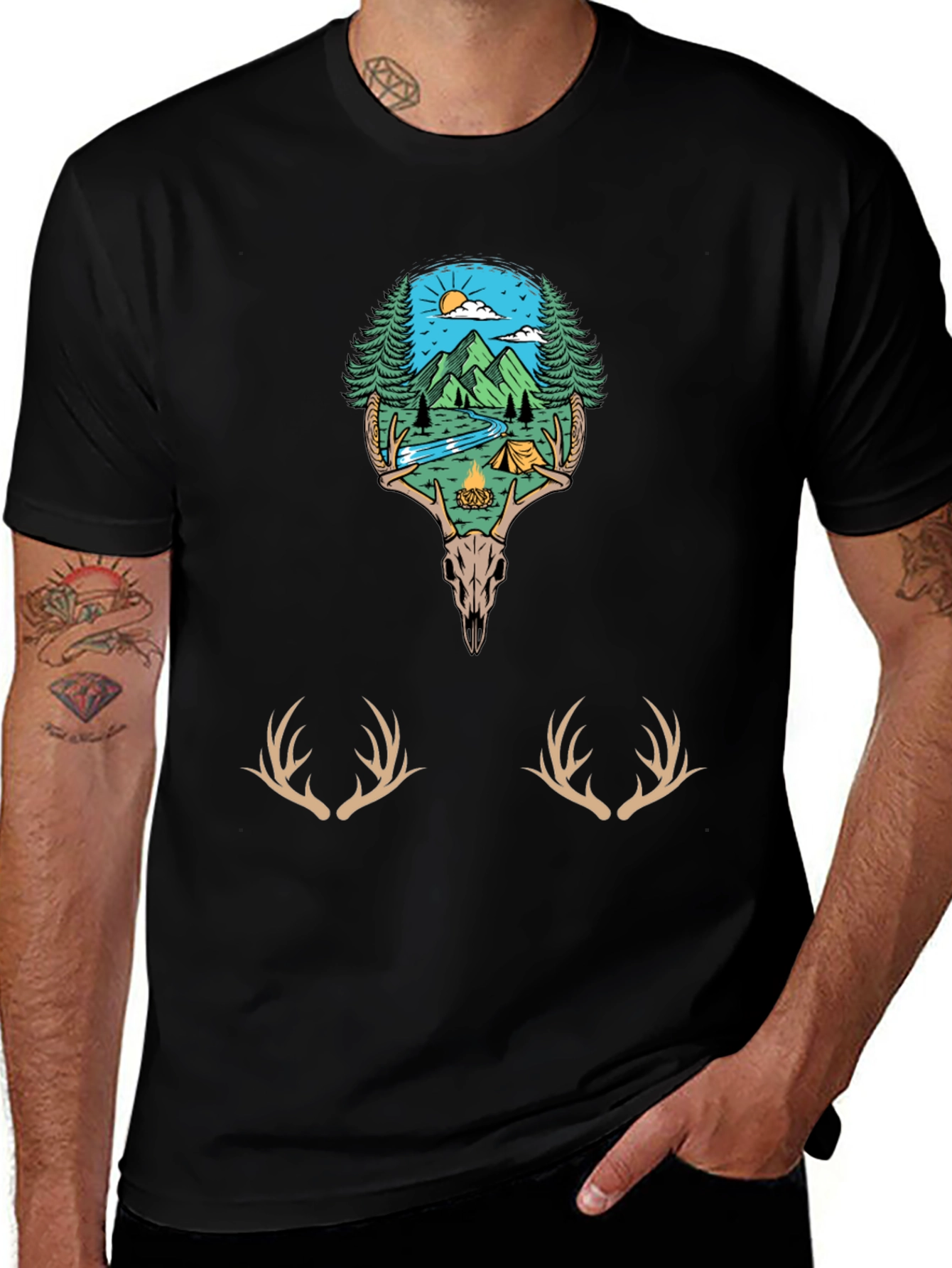 Variant 24 of Camping Scene Deer Skull Graphic Tee