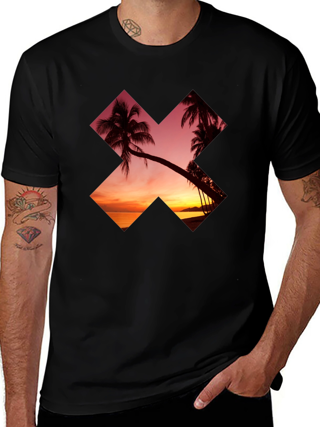 Variant 24 of Sunset Palm Tree Graphic Tee - Casual Black T-Shirt