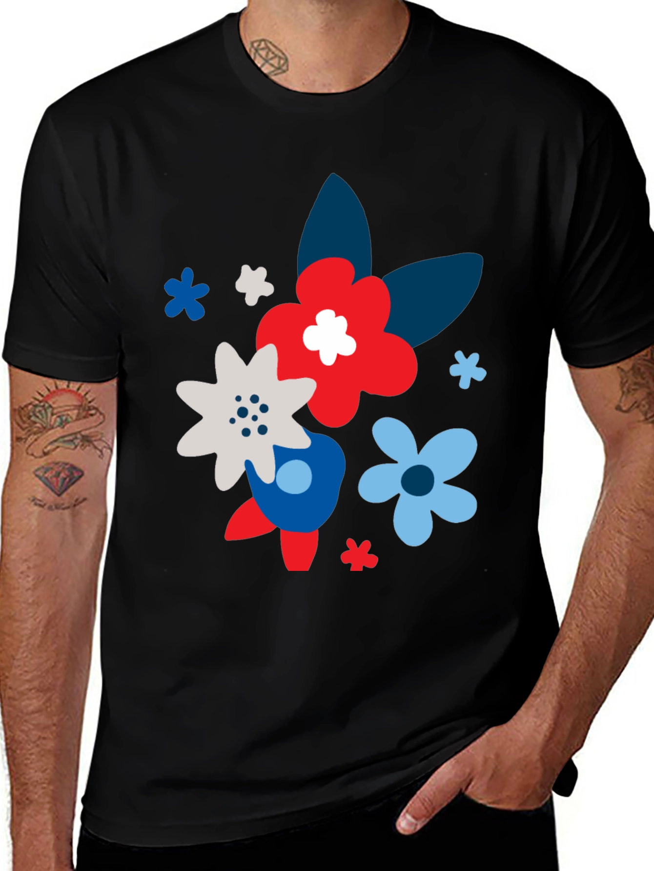 Variant 14 of Floral Print Black T-Shirt for Men