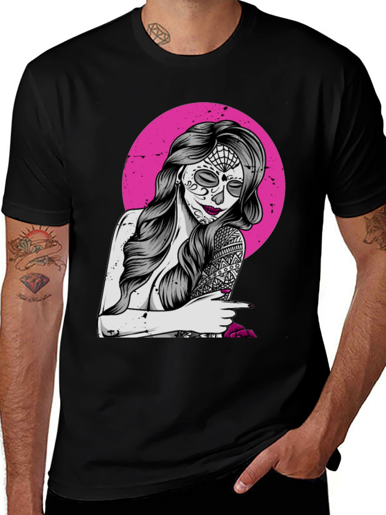 Sugar Skull Woman T-Shirt - Pink Circle Design