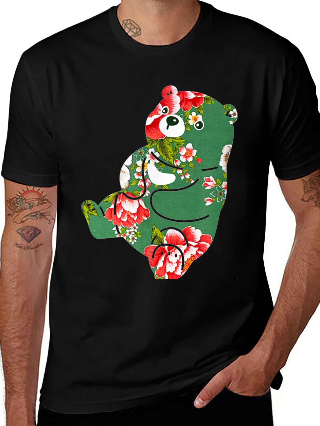 Variant 22 of Floral Bear Graphic Tee - Men's Black T-Shirt