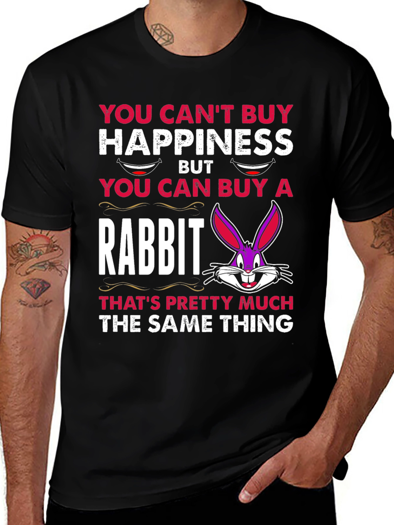 Variant 25 of Funny Rabbit T-Shirt: Can't Buy Happiness