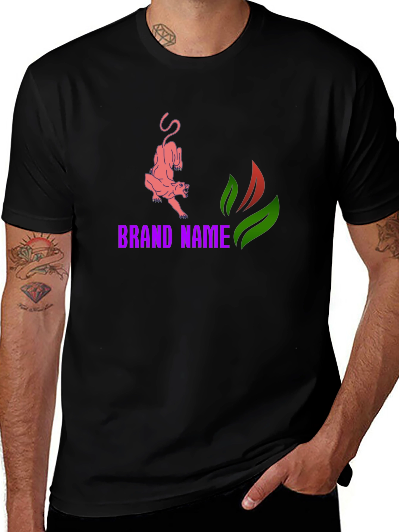 Variant 27 of Black Graphic Tee - Pink Panther & Leaf Design