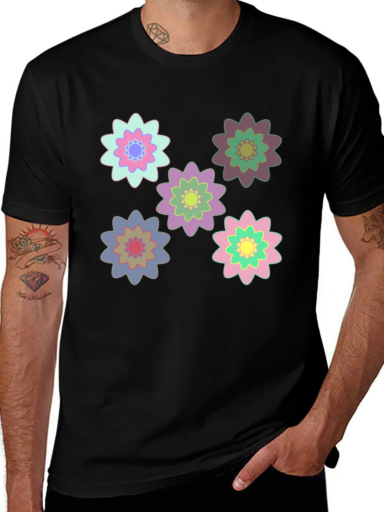 Variant 14 of Floral Pattern Black Cotton T-Shirt