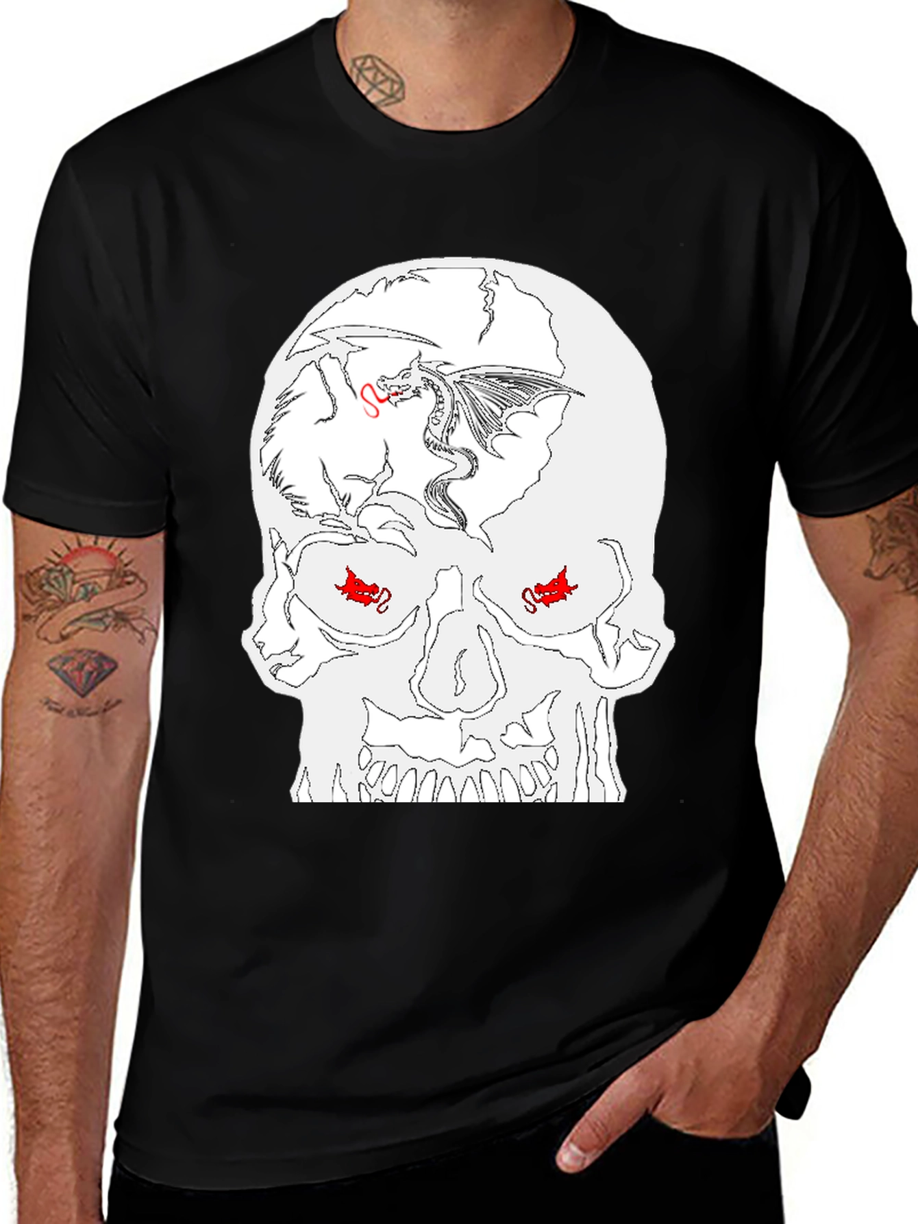 Black Skull Dragon Graphic Tee - Black Cotton Blend main image