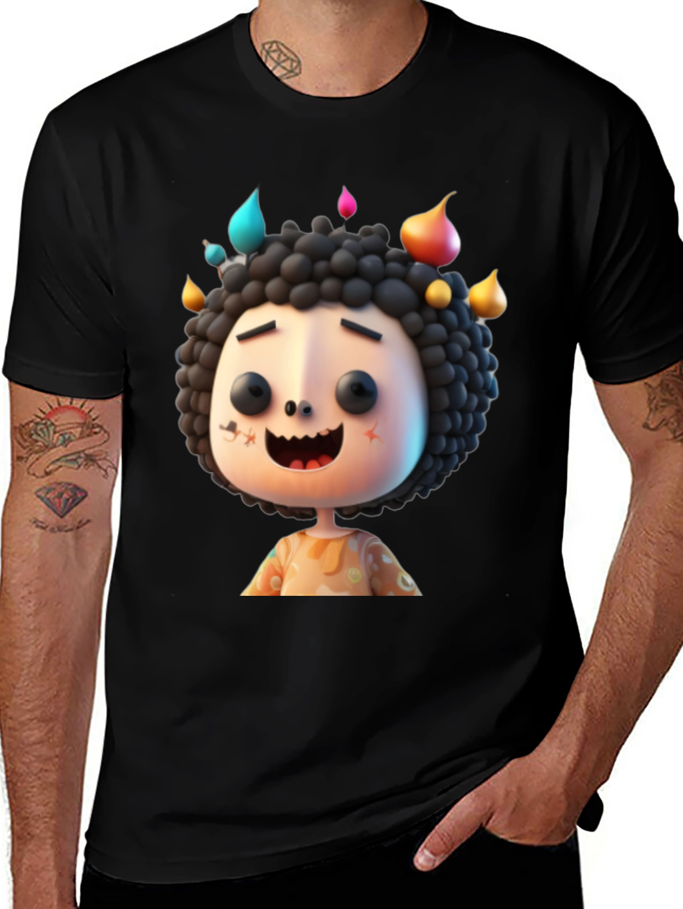 Variant 7 of Whimsical Cartoon Character Graphic Tee - Black Cotton