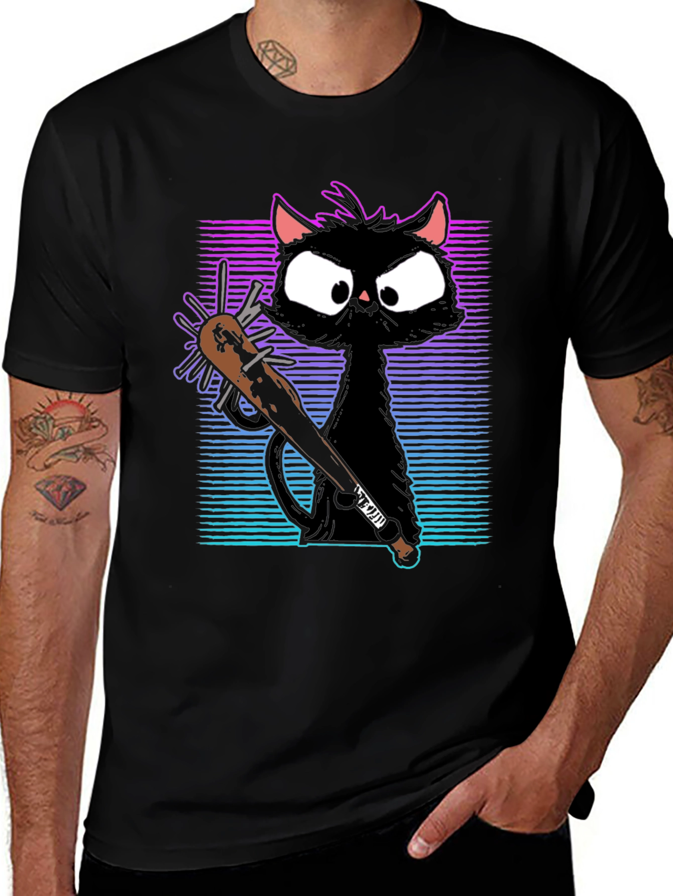 Black Gangster Cat T-Shirt with Spiked Bat - Black main image