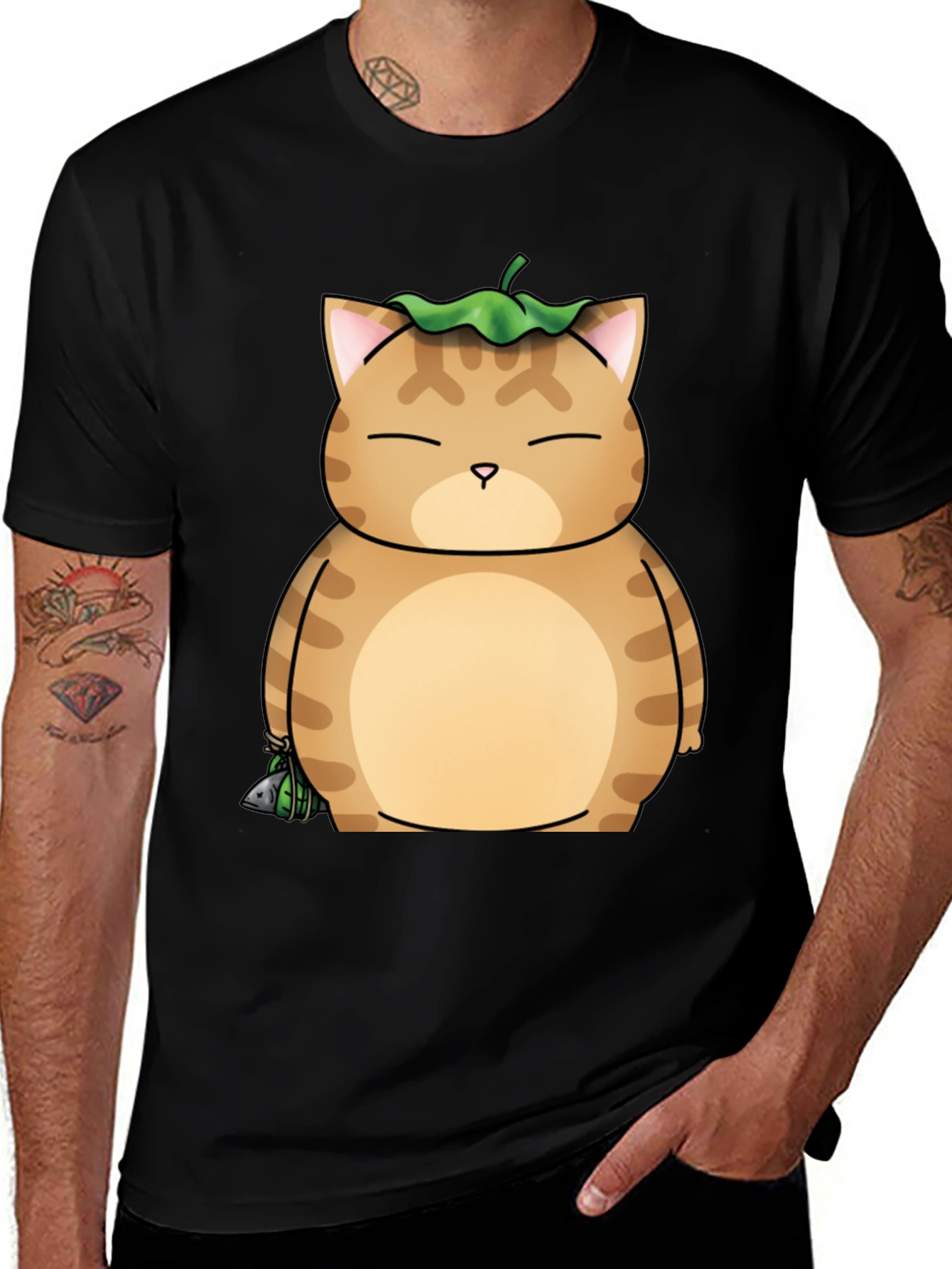 Variant 20 of Funny Cat With Leaf Black T-Shirt