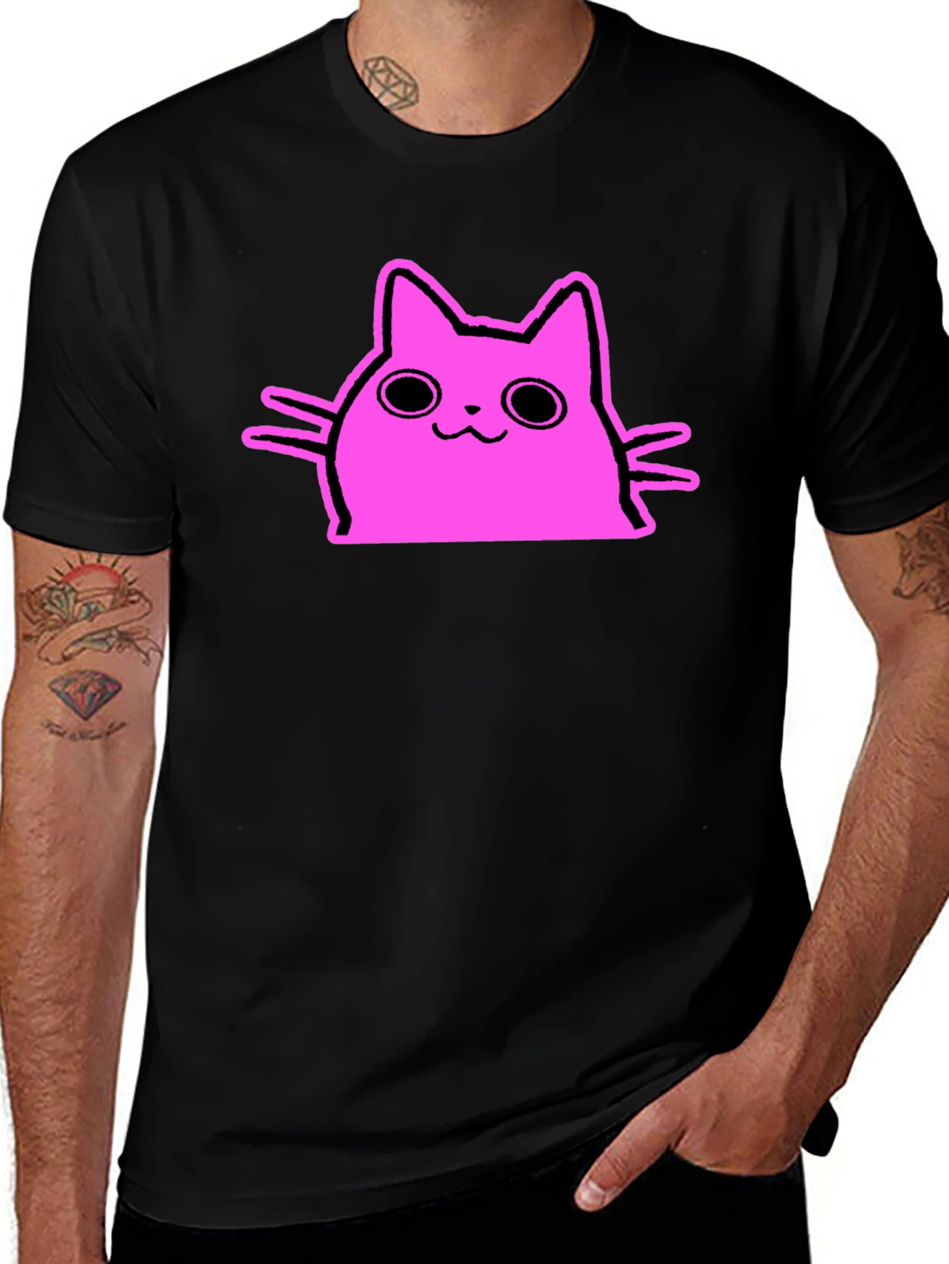 Variant 13 of Cute Pink Cat Graphic Tee - Black Cotton T-Shirt