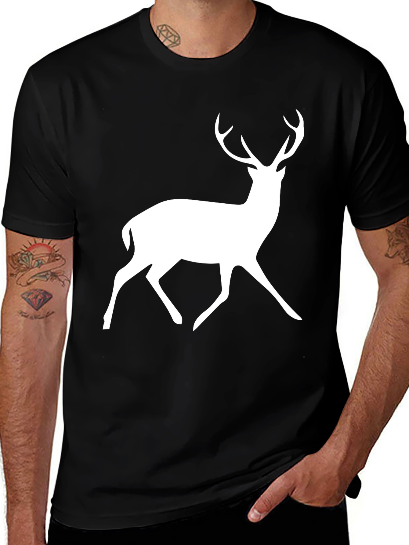 Variant 14 of Black T-Shirt with White Deer Graphic