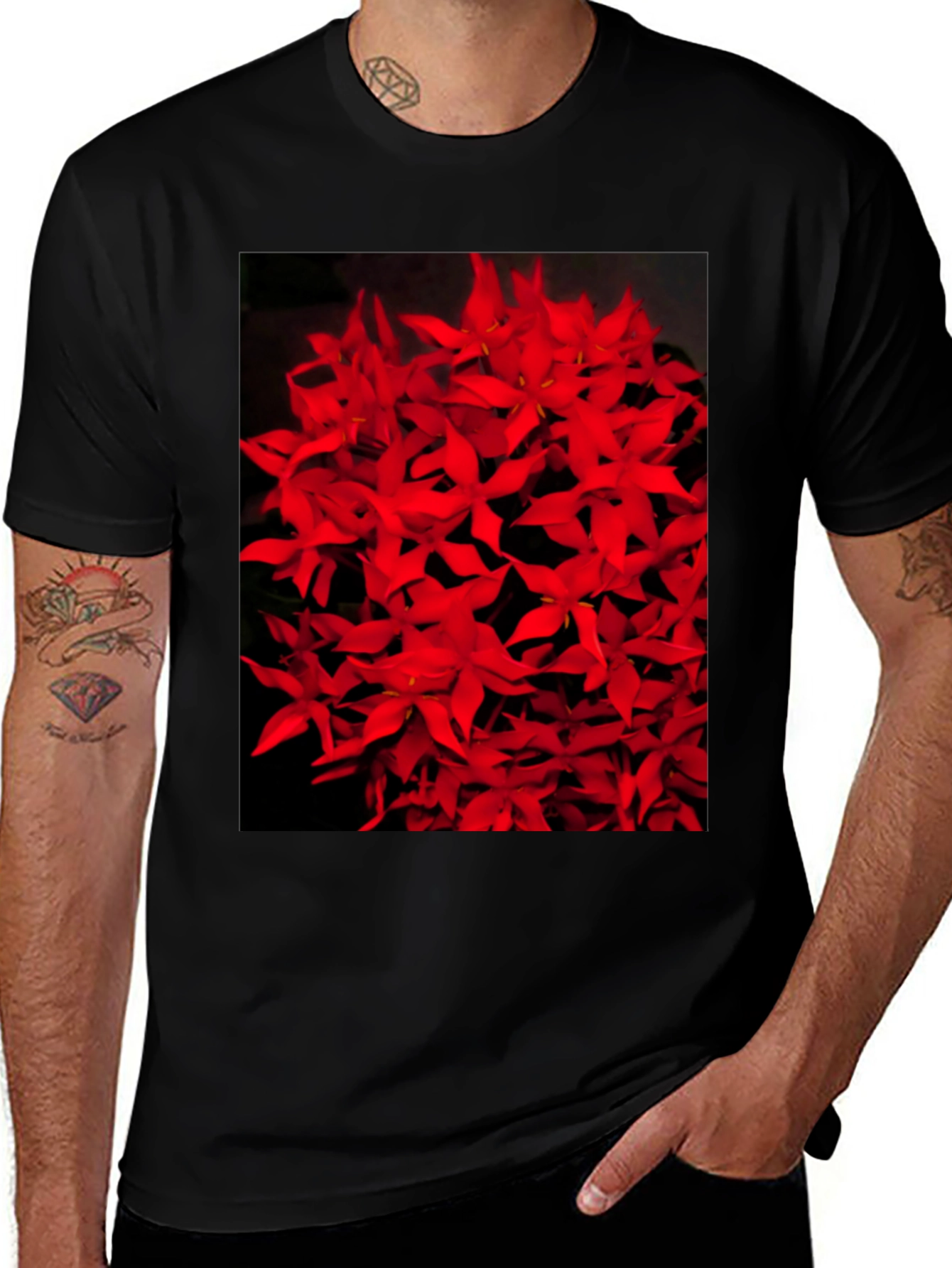 Variant 2 of Floral Graphic Tee - Red Ixora Flower Print