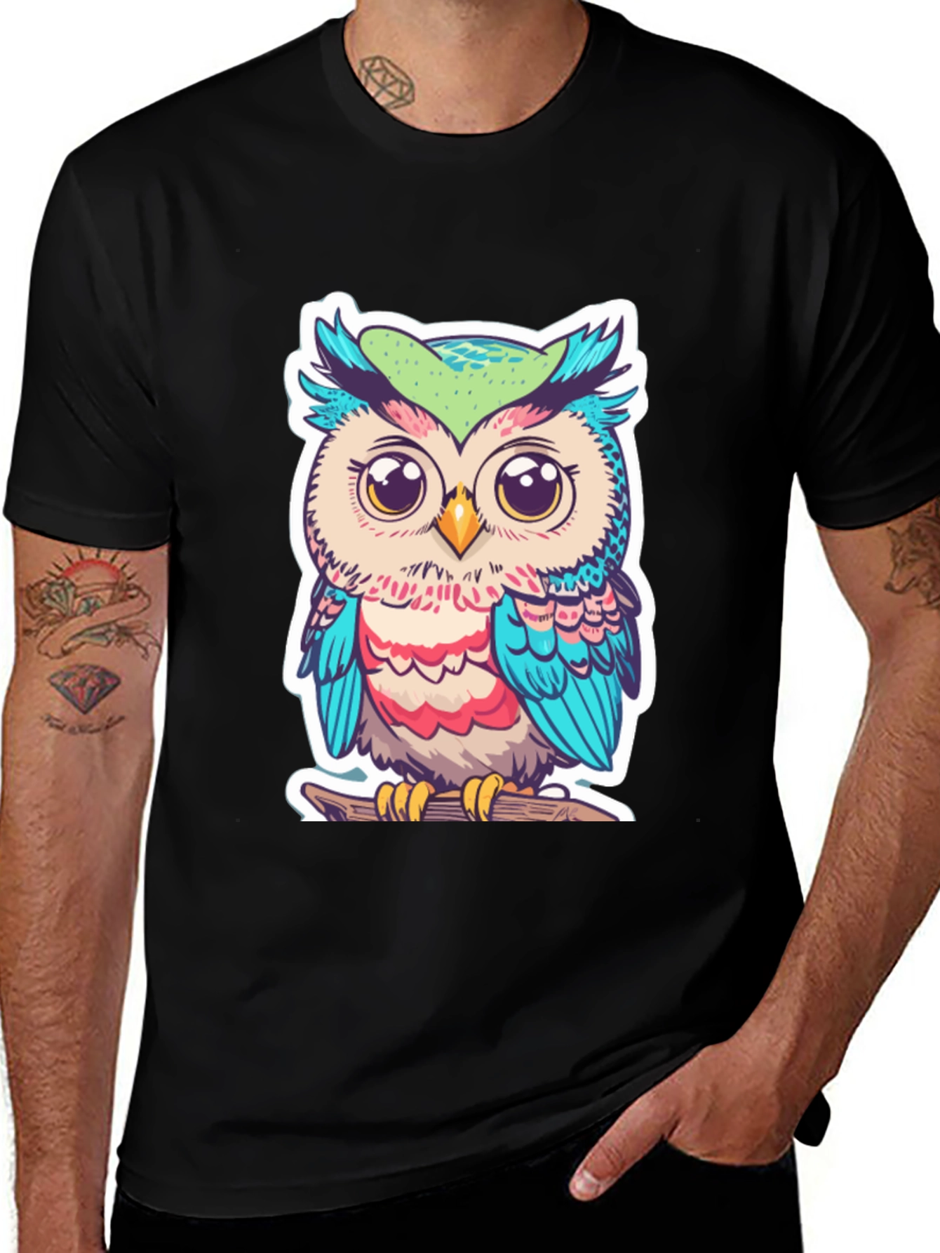 Variant 18 of Cute Owl Graphic T-Shirt - Black Cotton Tee