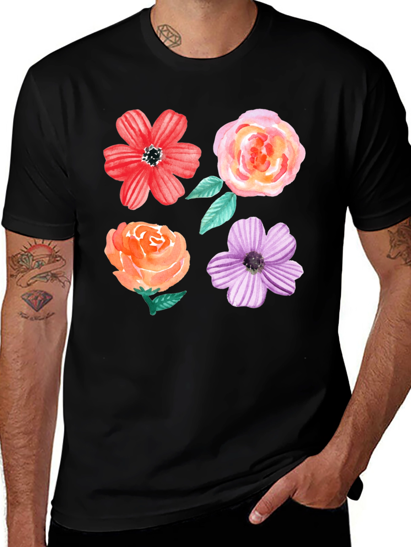 Variant 8 of Floral Watercolor T-Shirt - Black Cotton Blend