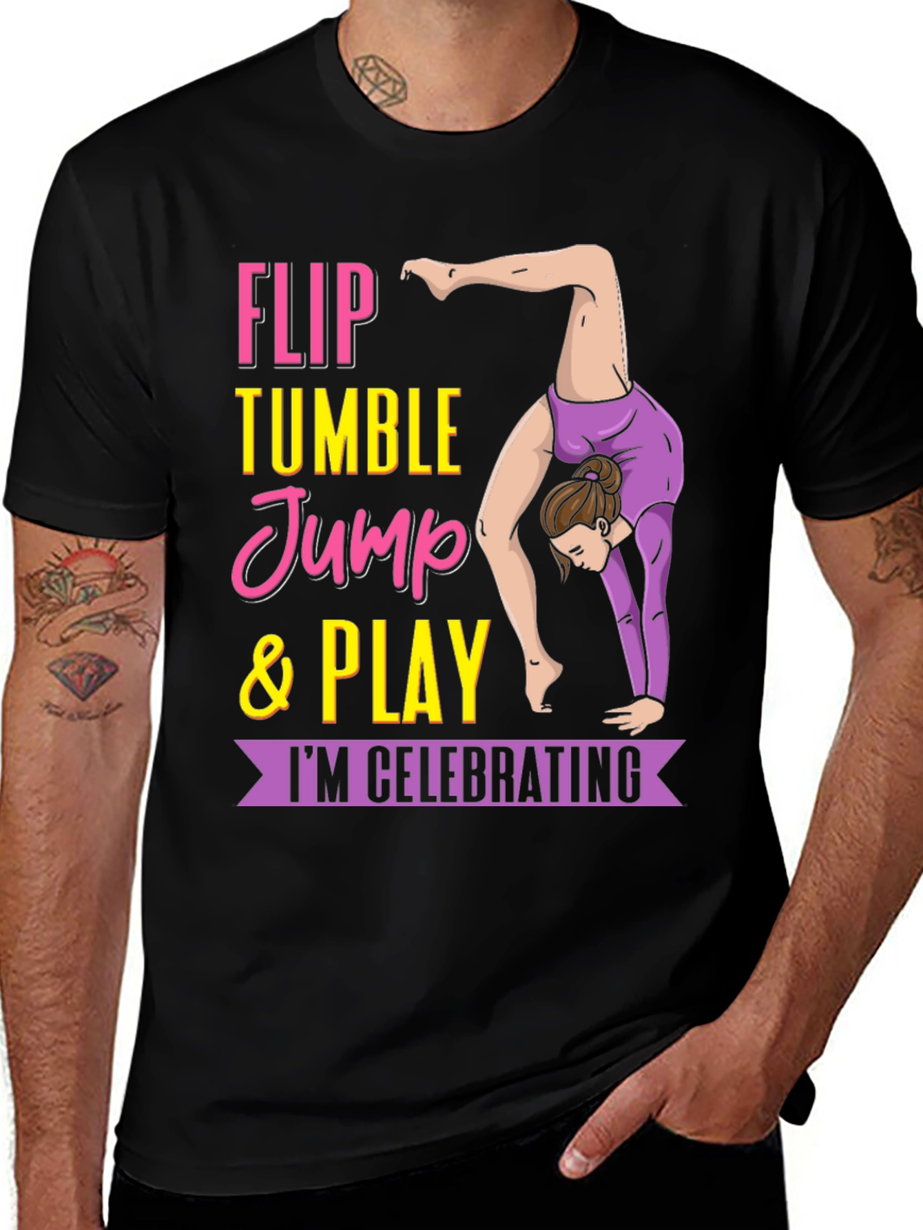 Black Gymnastics T-Shirt - Flip, Tumble, Jump & Play Tee main image