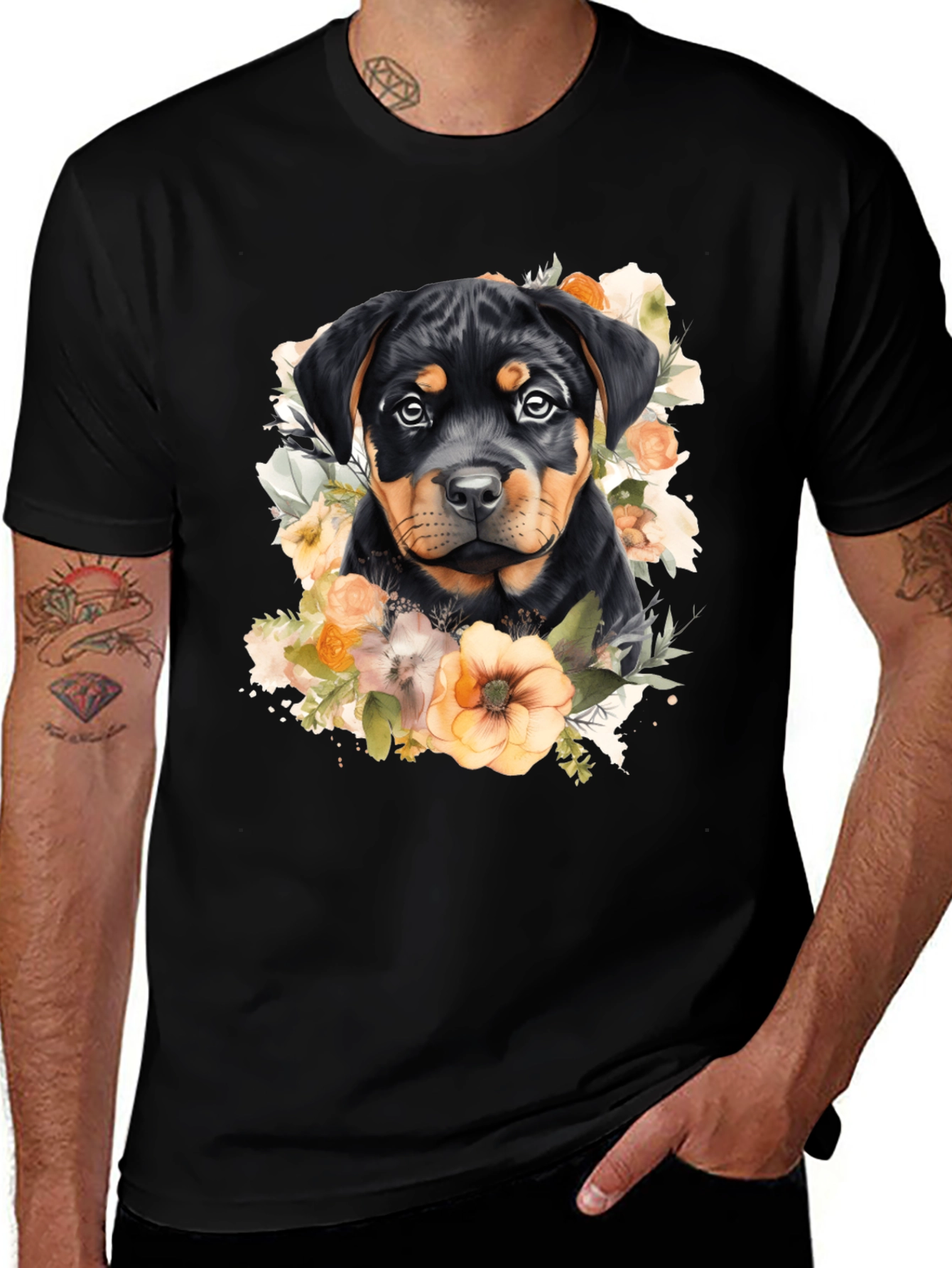 Rottweiler Puppy Floral Black T-Shirt