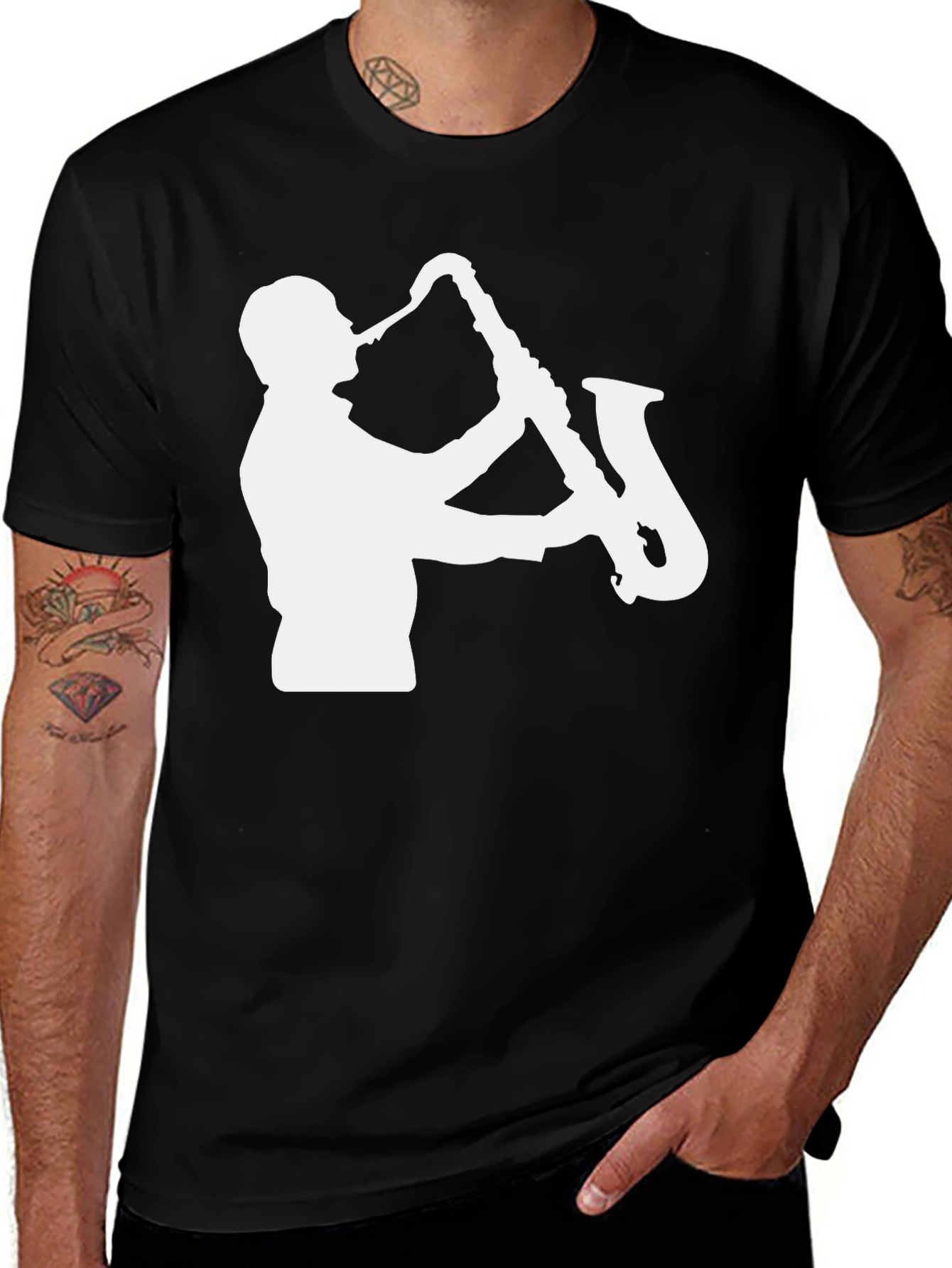 Variant 13 of Saxophone Player Graphic Tee - Black Cotton T-Shirt