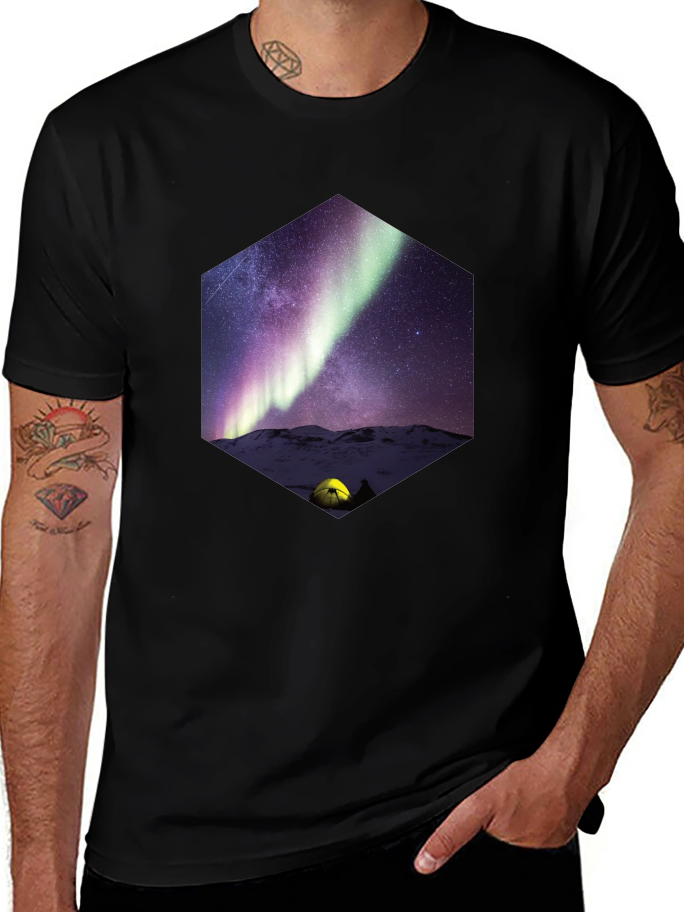 Variant 18 of Aurora Hexagon T-Shirt - Stargazing Camping Tee