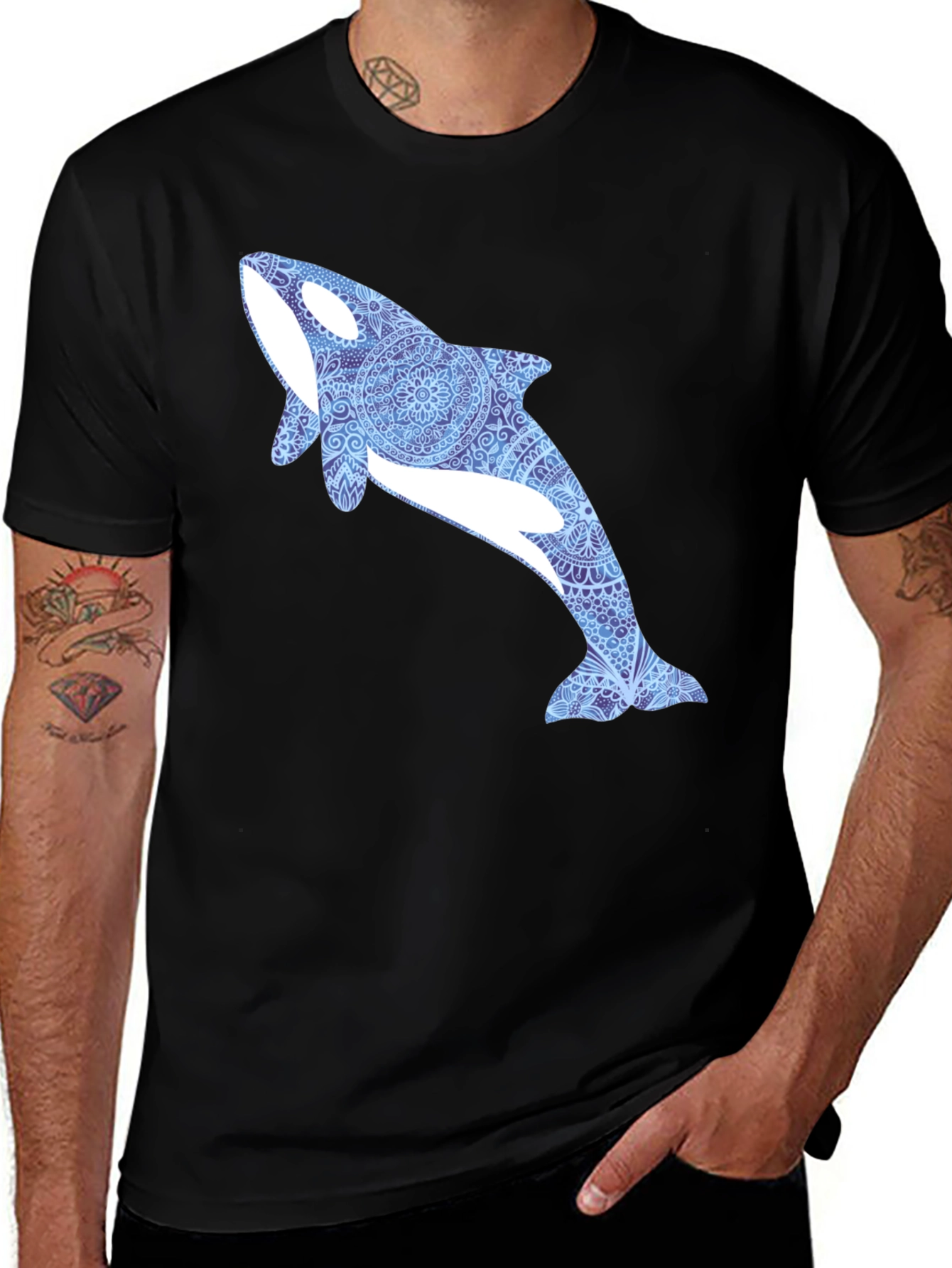 Variant 9 of Orca Whale Mandala Graphic Tee - Black Cotton T-Shirt
