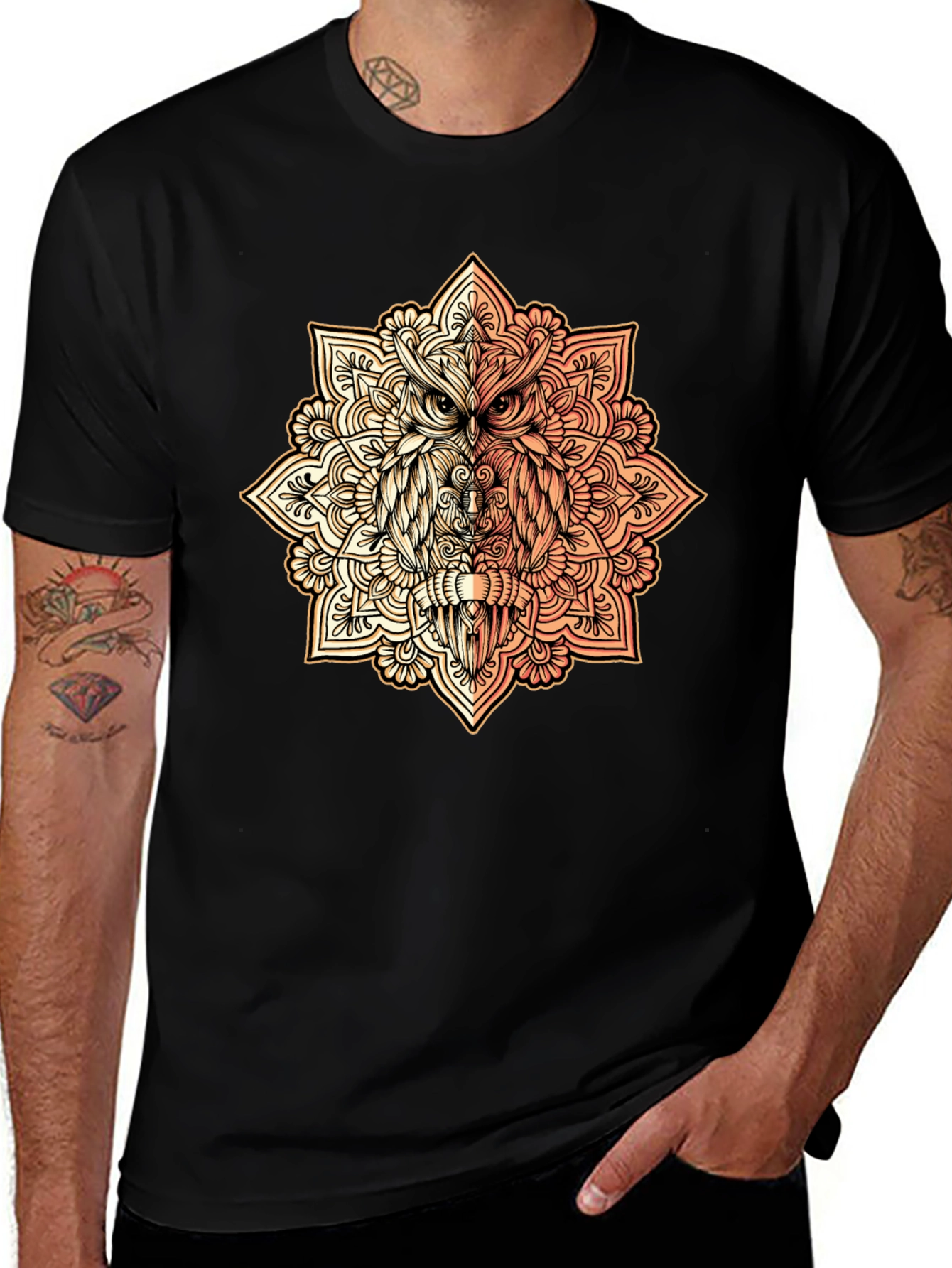 Variant 3 of Owl Mandala Graphic Tee - Black Cotton Shirt