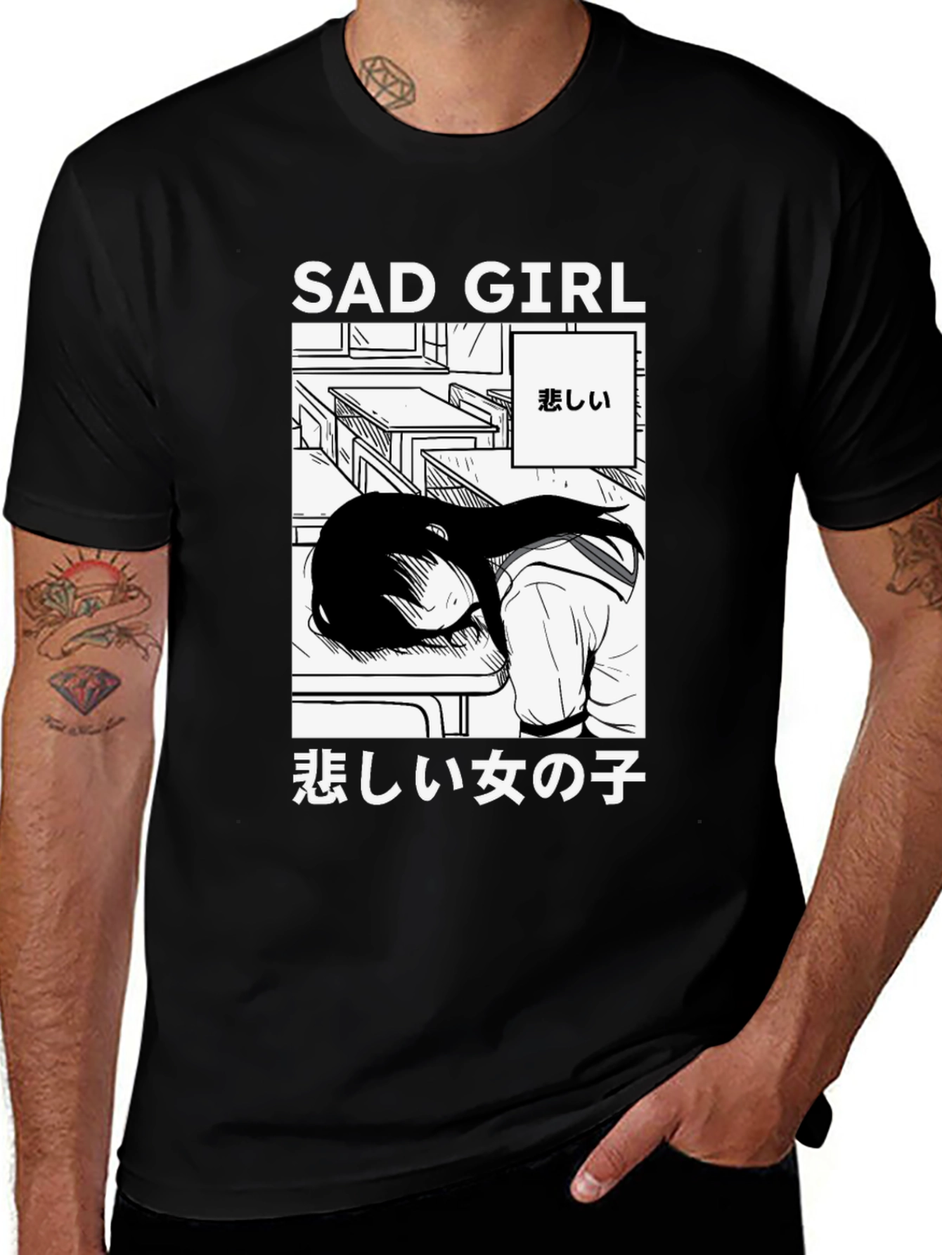 Black Sad Girl Anime Graphic T-Shirt - Unisex main image