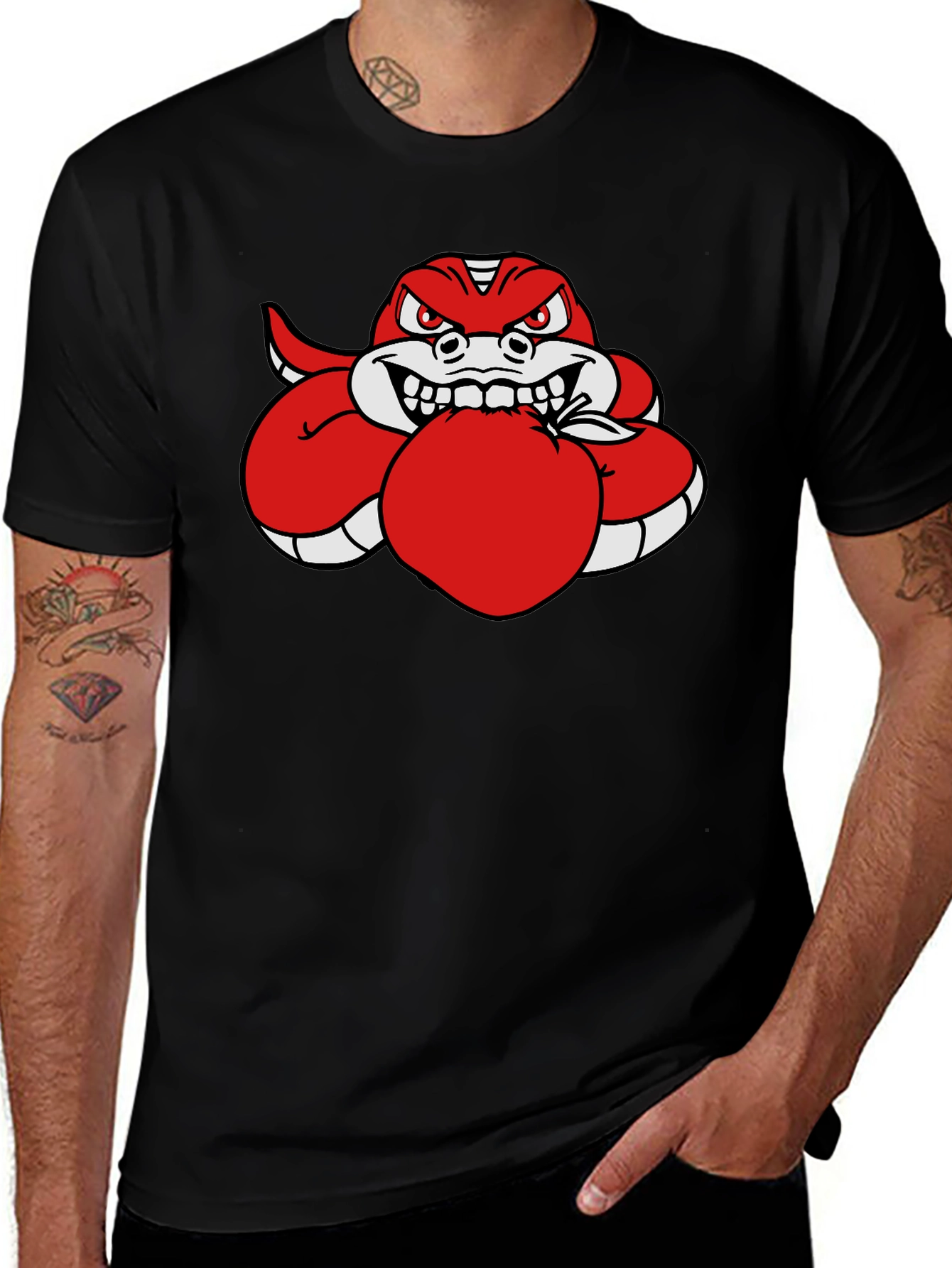Variant 17 of Red Snake Eating Apple Black T-Shirt