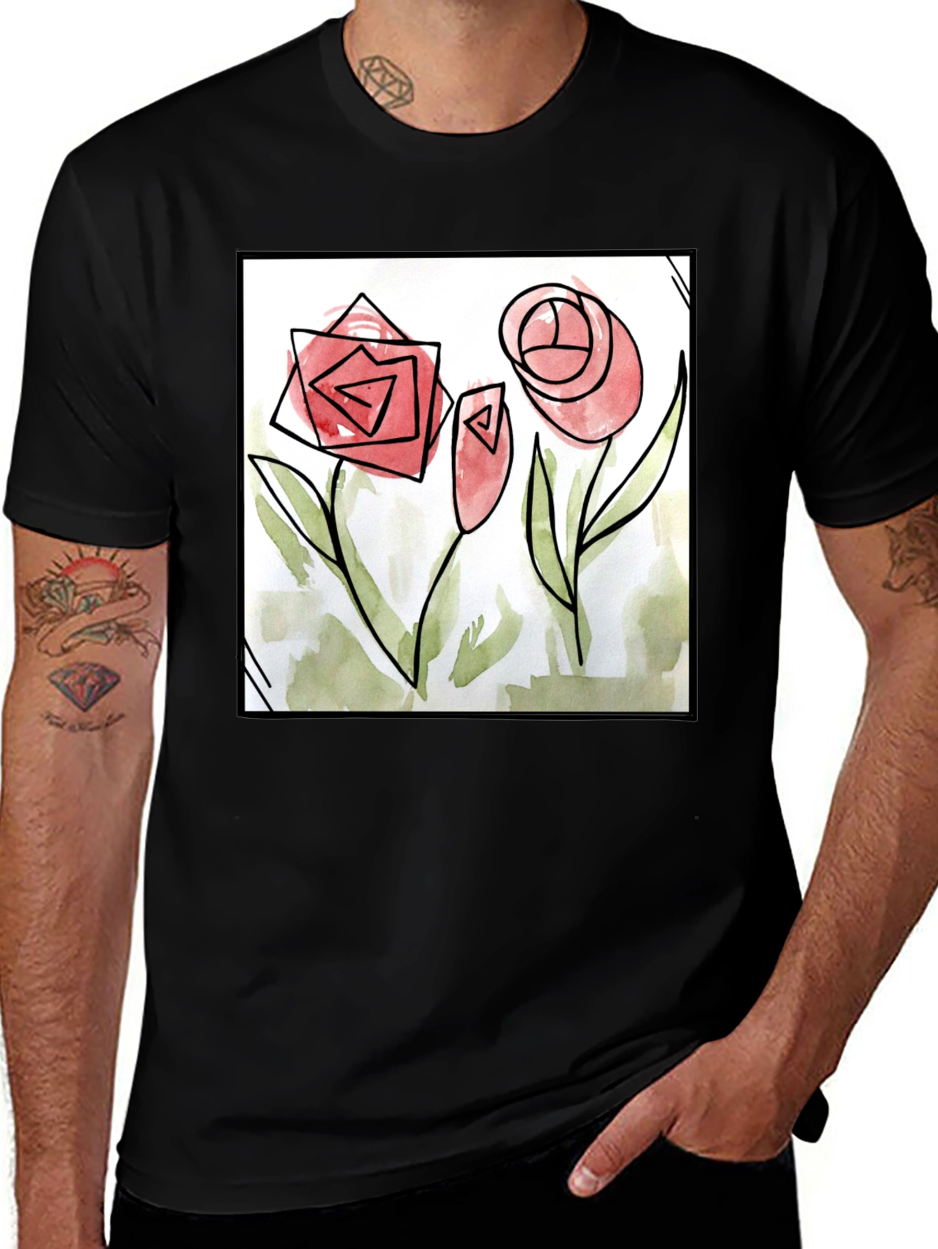 Floral Art Black T-Shirt - Unique Design