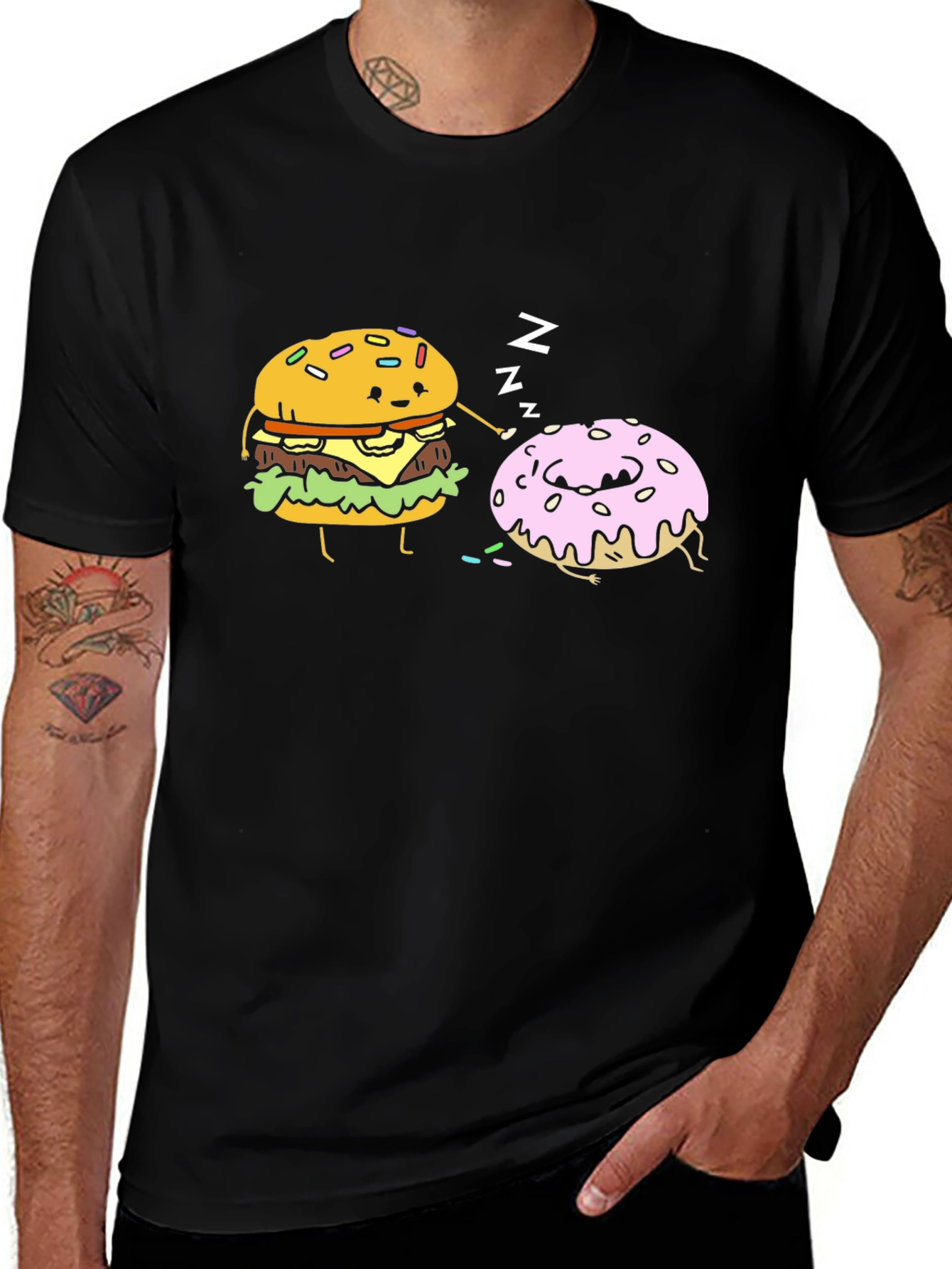 Variant 3 of Burger & Donut Cartoon Black T-Shirt