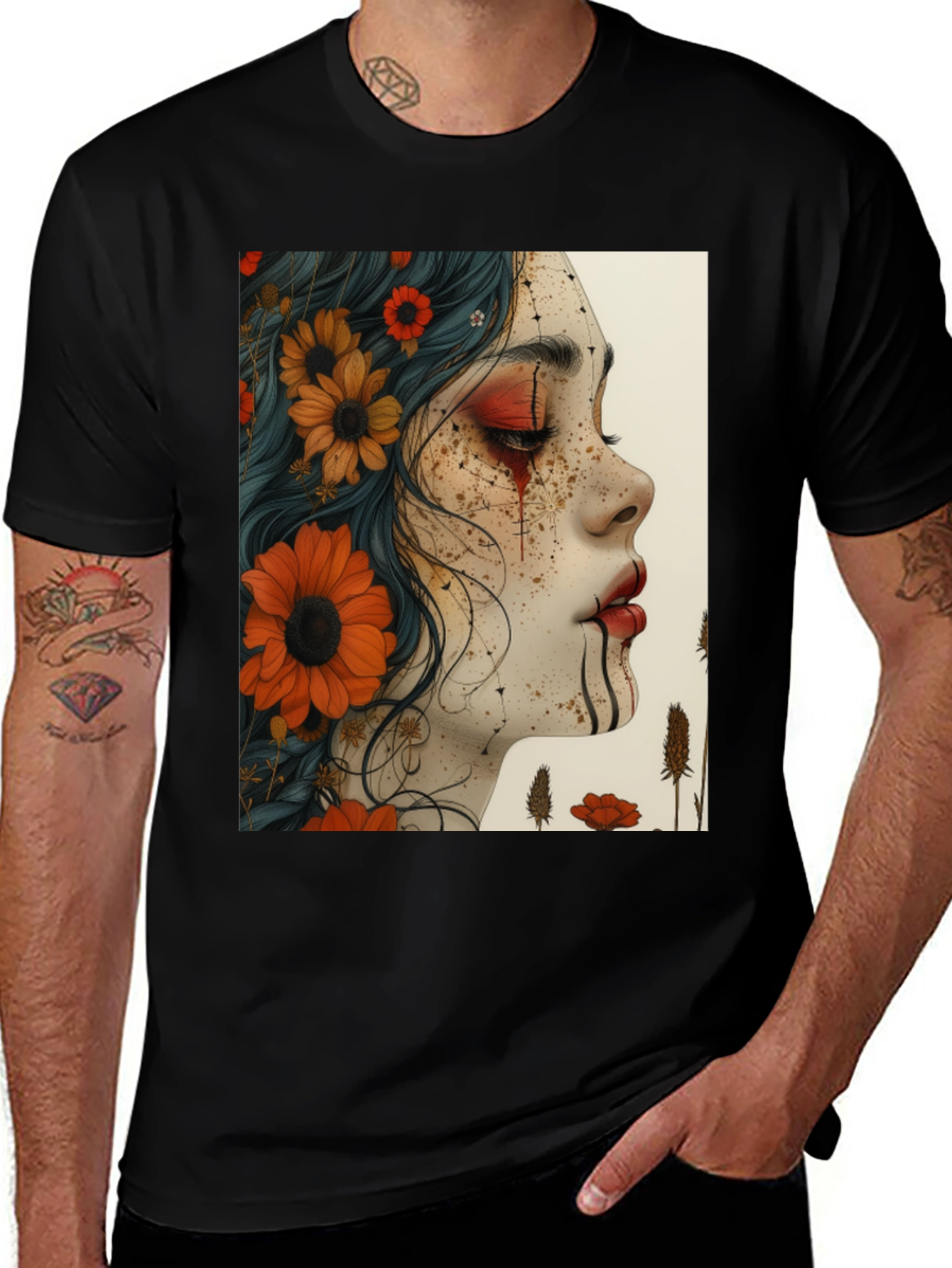Floral Woman Graphic Black T-Shirt