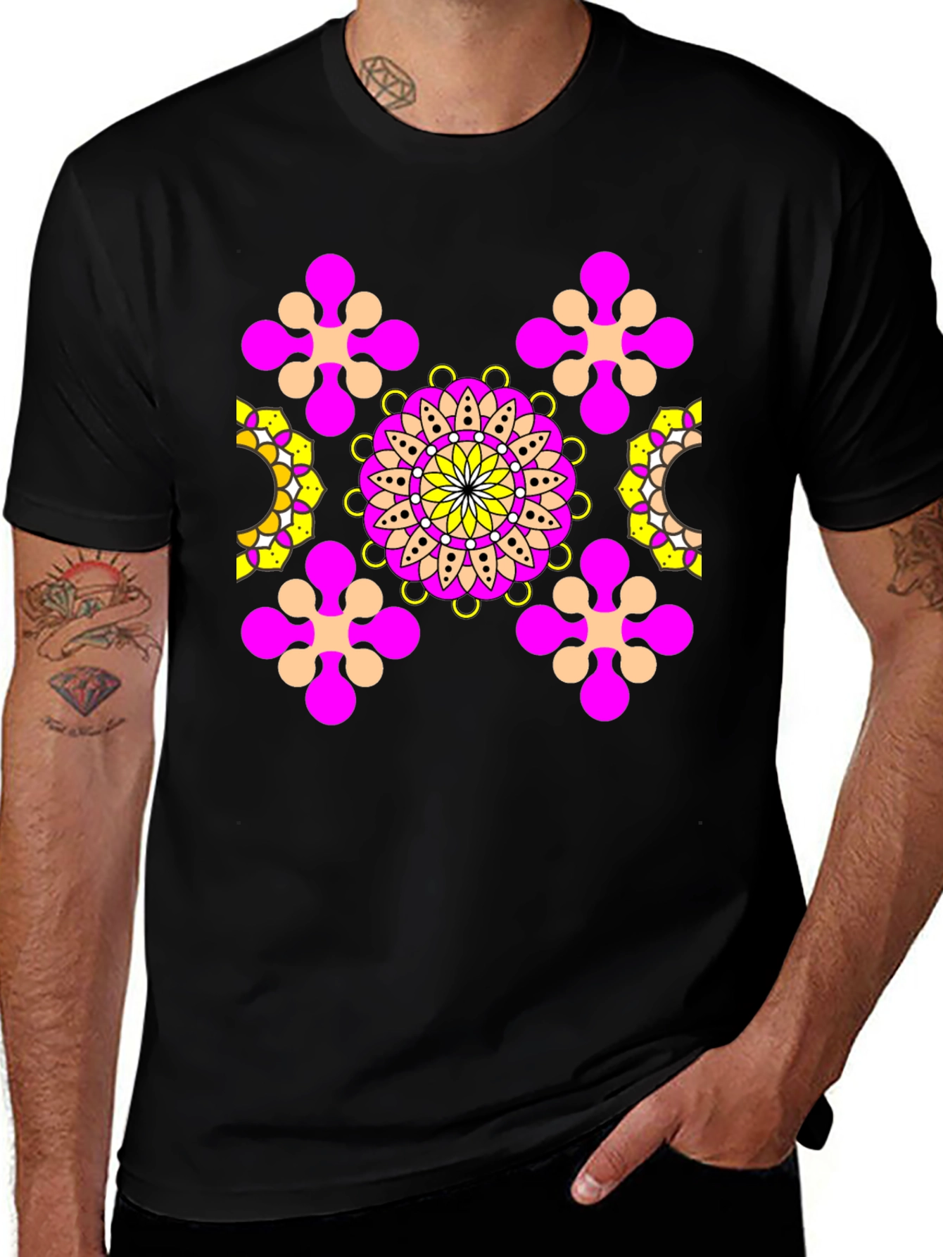 Variant 28 of Floral Mandala Graphic Tee - Black Cotton Comfort