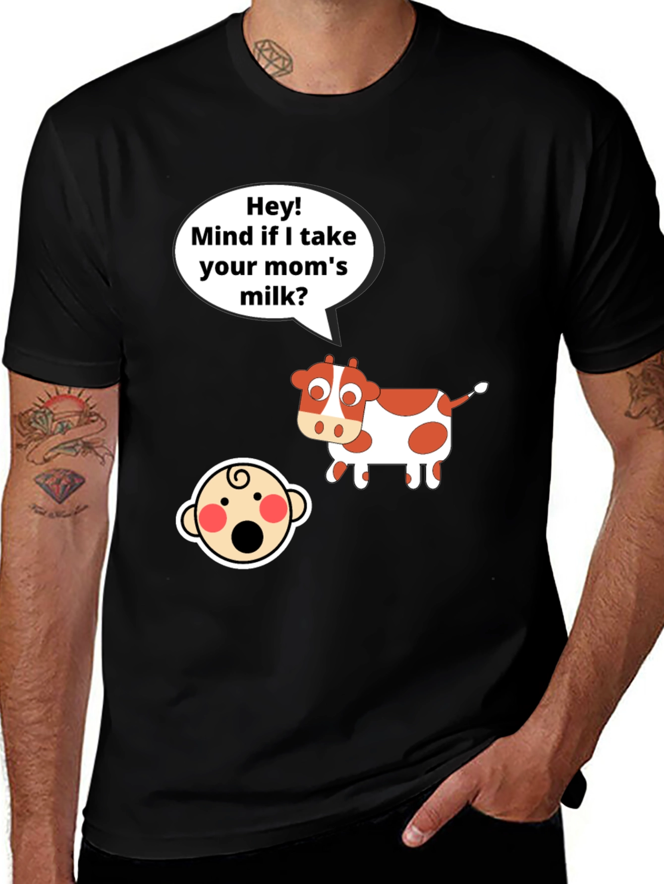 Variant 23 of Humorous Cow & Baby T-Shirt: 'Mind if I Take Your Mom's Milk?'