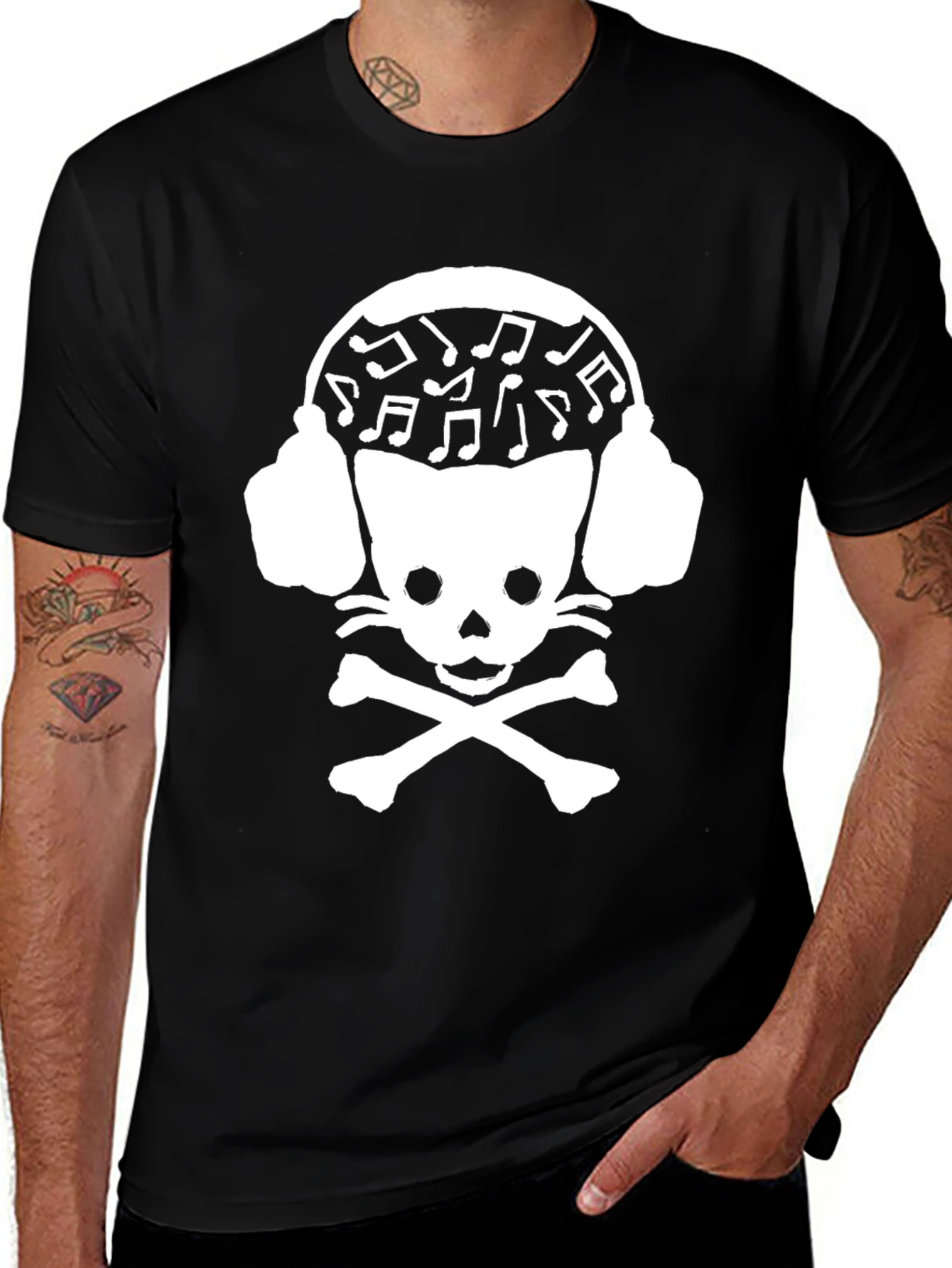 Skull Cat DJ Graphic Tee - Black Cotton T-Shirt