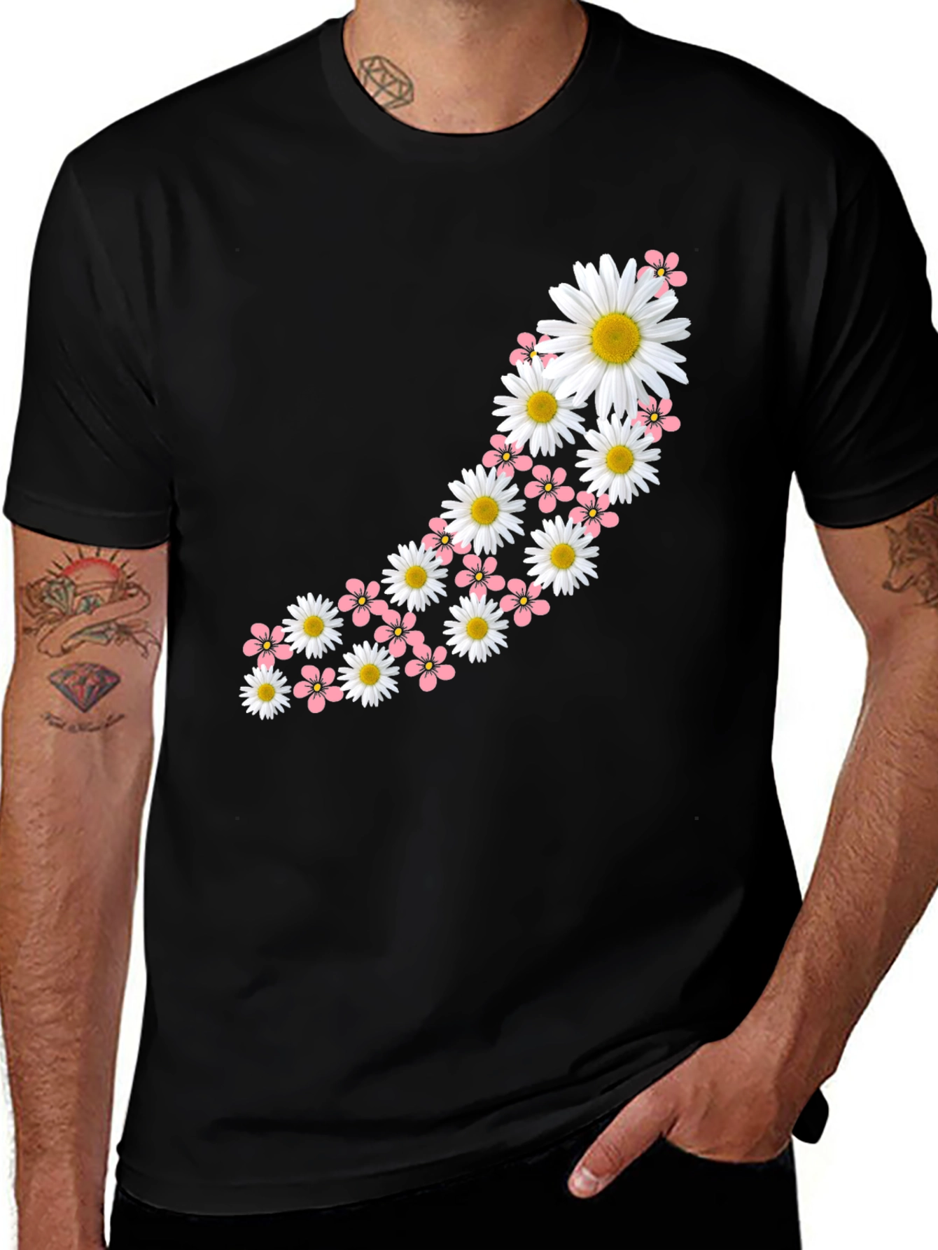 Variant 9 of Floral Crescent Graphic Tee - Black Crew Neck Casual T-Shirt