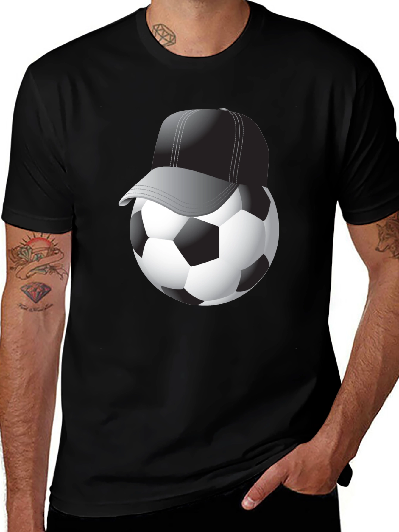 Variant 6 of Soccer Ball in Hat Graphic Tee - Black Cotton T-Shirt