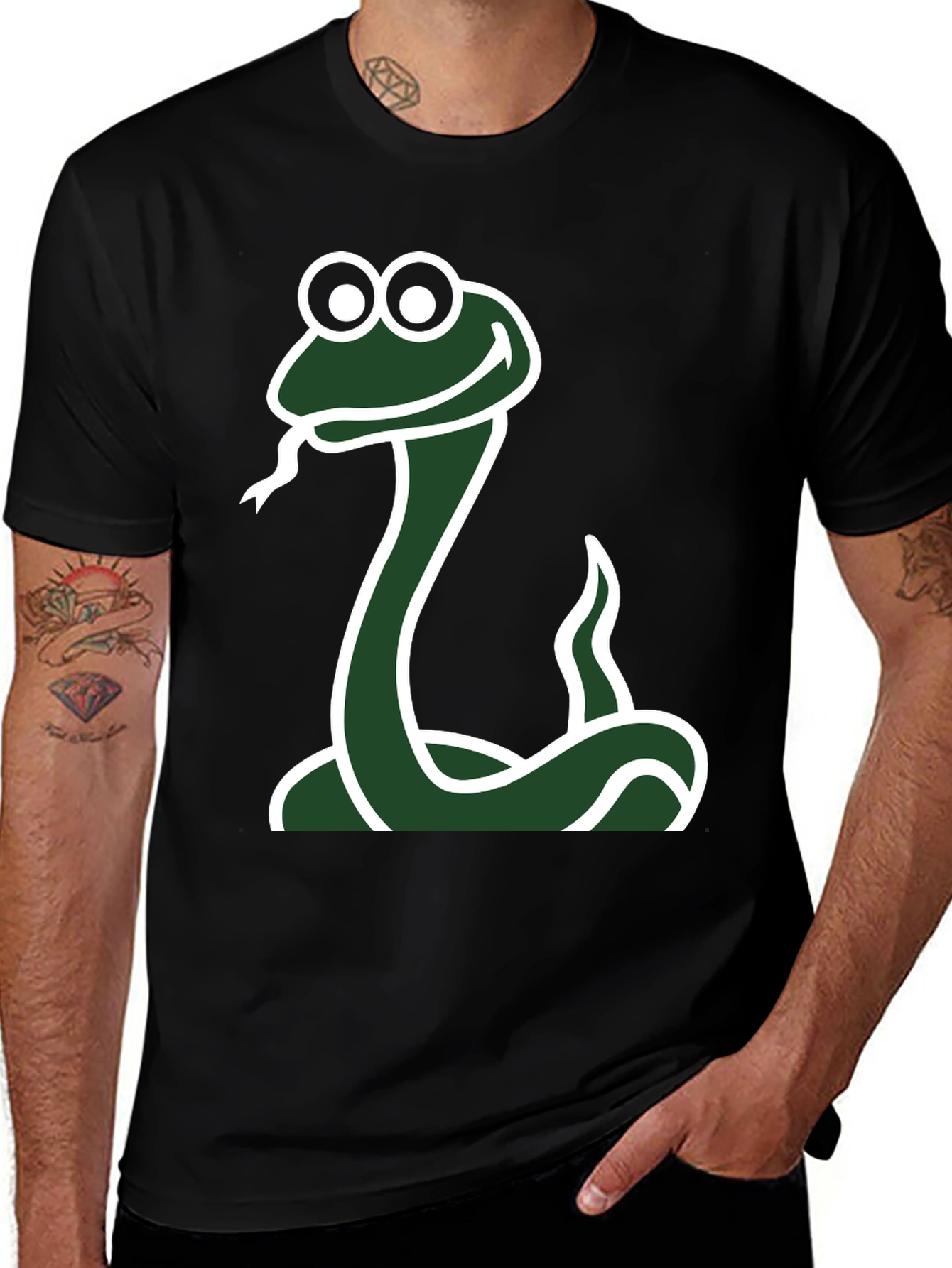 Variant 24 of Cartoon Snake Graphic Tee - Black Cotton T-Shirt