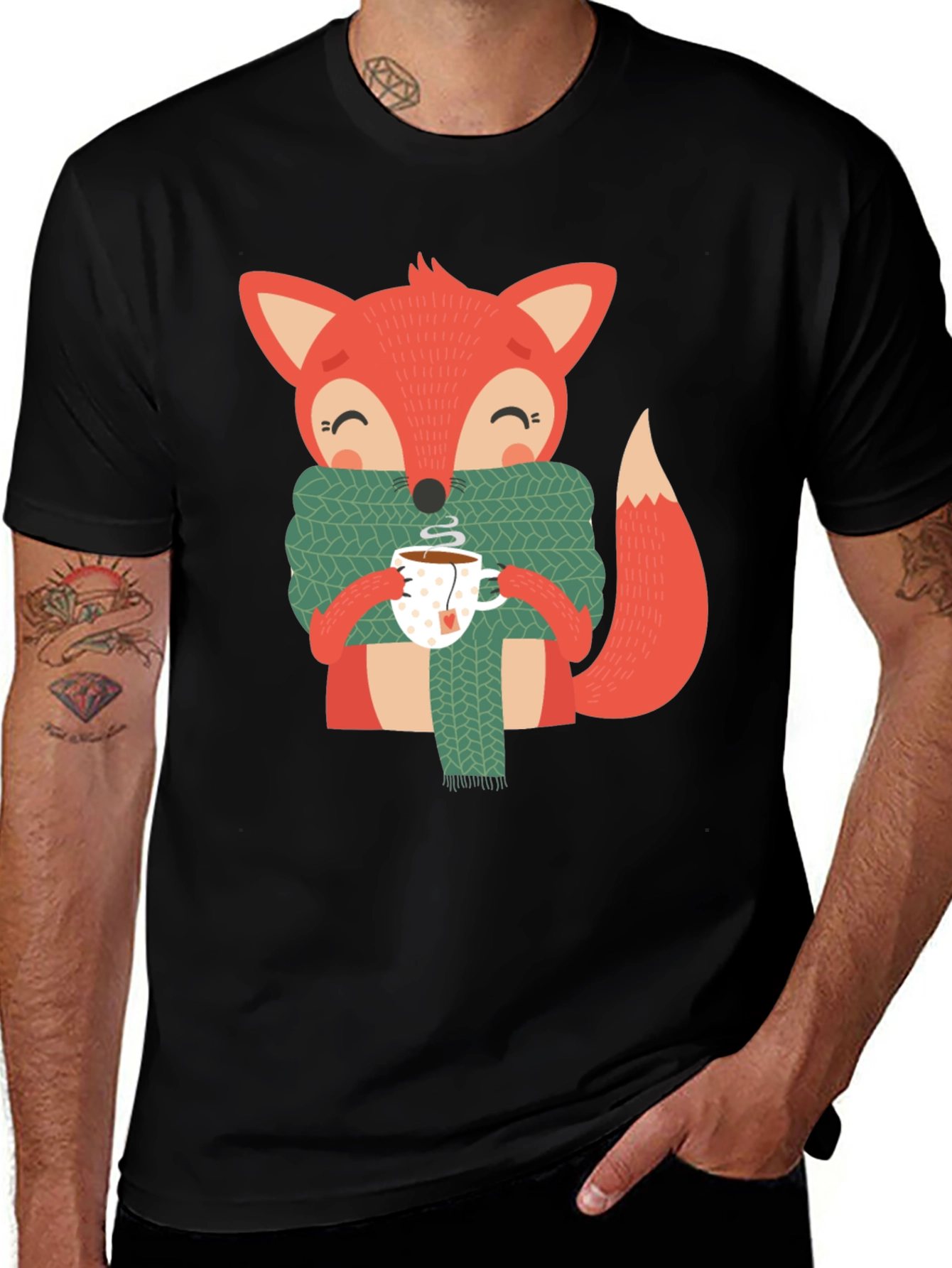 Variant 26 of Cute Fox Winter Tee - Snug Scarf & Hot Tea Design