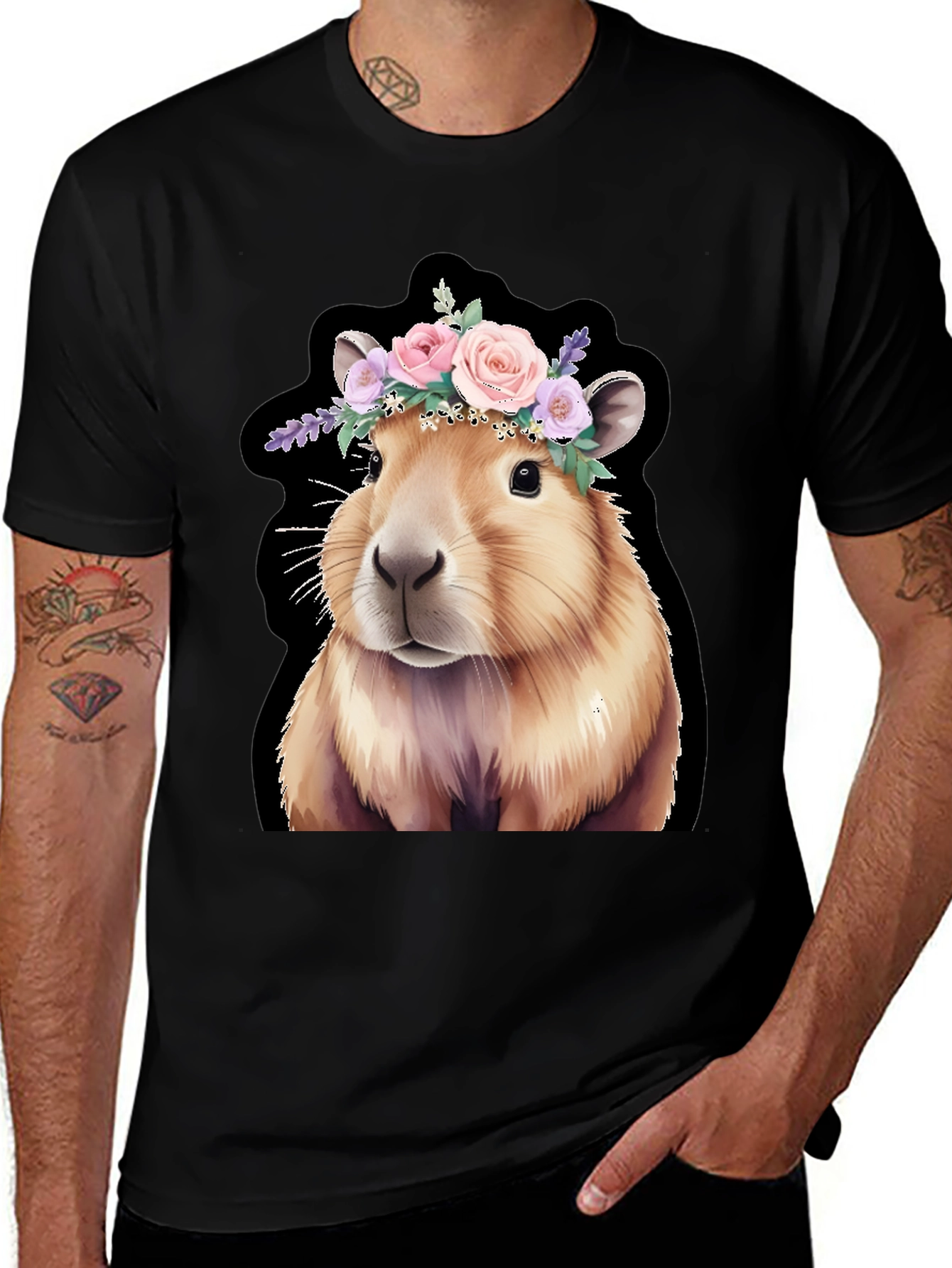 Capybara Floral Crown Black T-Shirt
