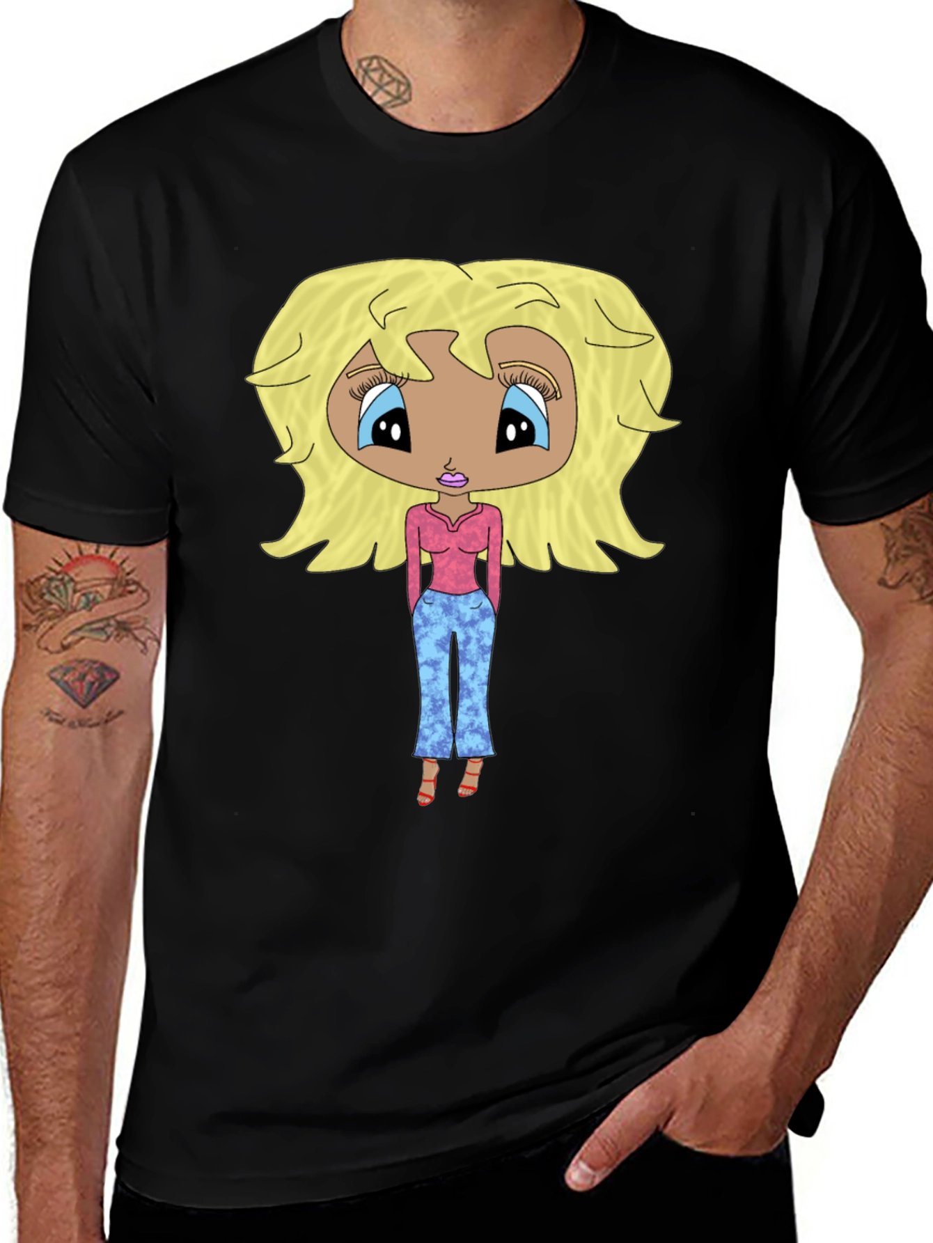 Variant 23 of Cartoon Girl Print Black Crew Neck T-Shirt