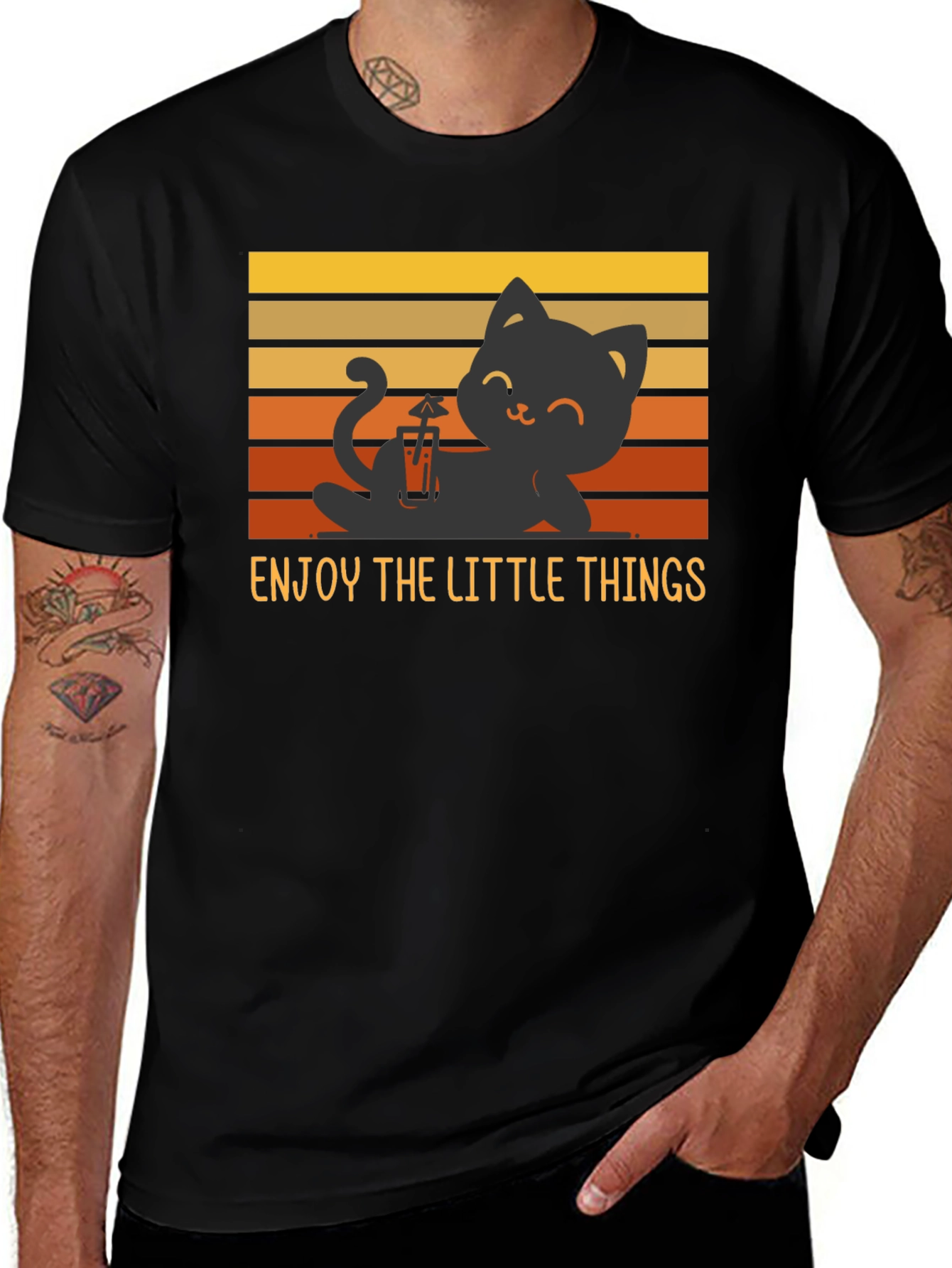 Black Enjoy the Little Things Cat T-Shirt - Relaxed Black Tee main image