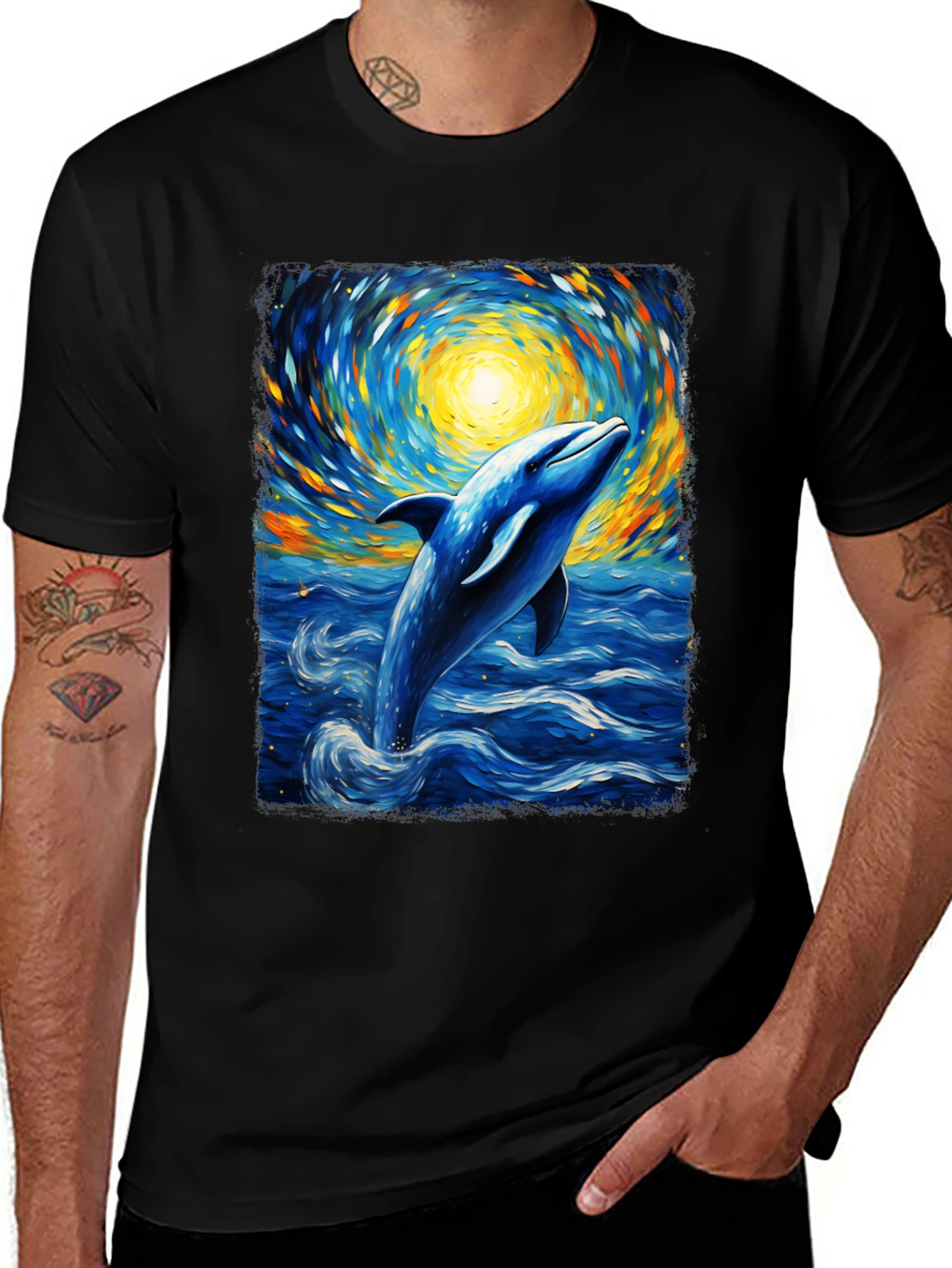 Variant 17 of Starry Dolphin Graphic Tee - Black Cotton Blend