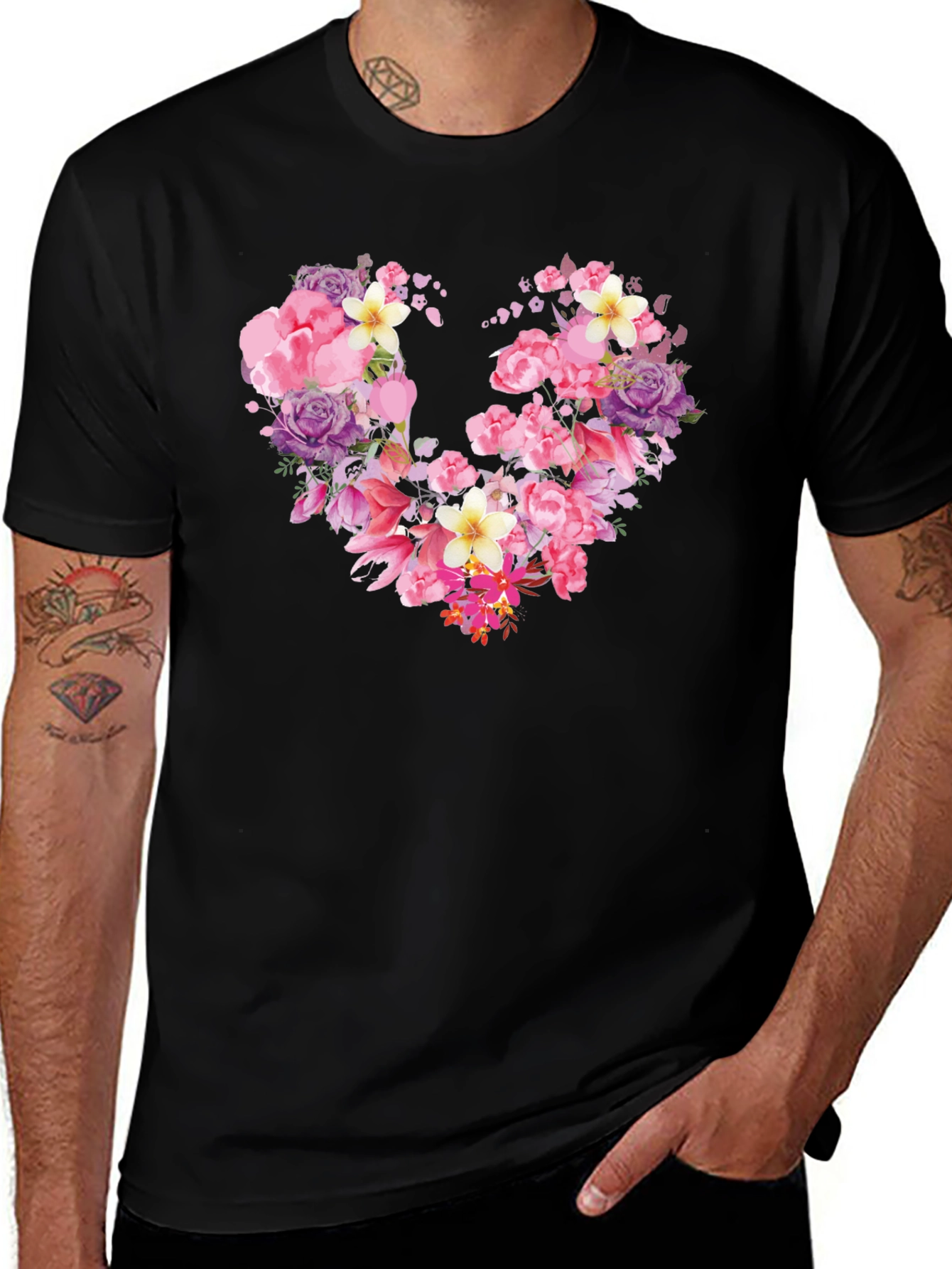Variant 24 of Floral Heart Graphic Tee - Stylish Men's Black T-Shirt