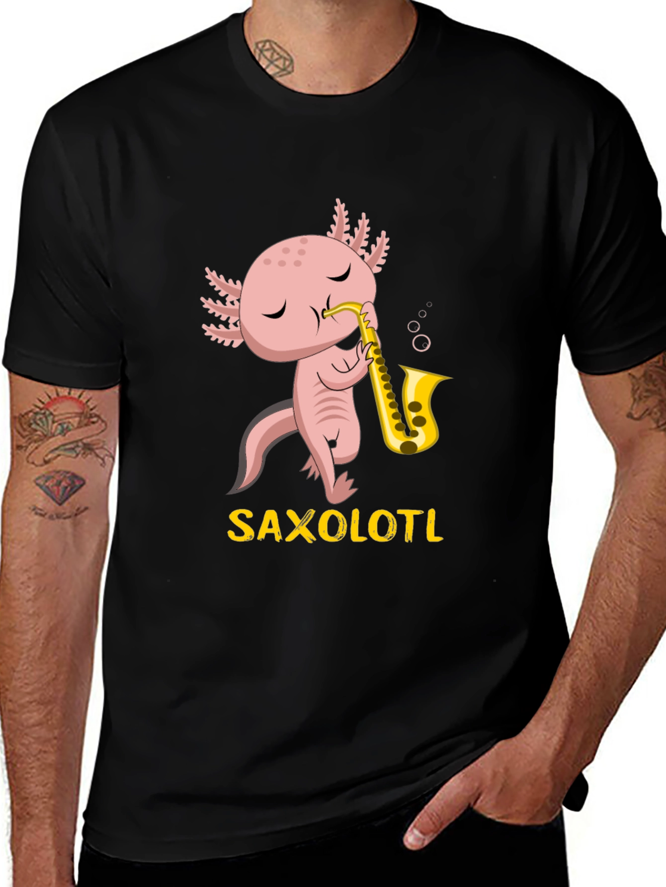 Variant 27 of Saxolotl T-Shirt: Funny Axolotl Playing Saxophone Tee